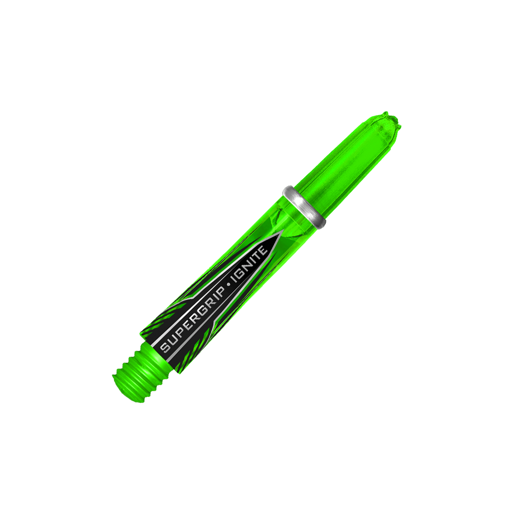 HR389_Harrows_Supergrip_Ignite_Shafts_Gr-n_33mm_2 Das Bild zeigt Harrows Supergrip Ignite Shafts in einer leuchtenden Farbe. Die Dartschäfte sind nebeneinander angeordnet.