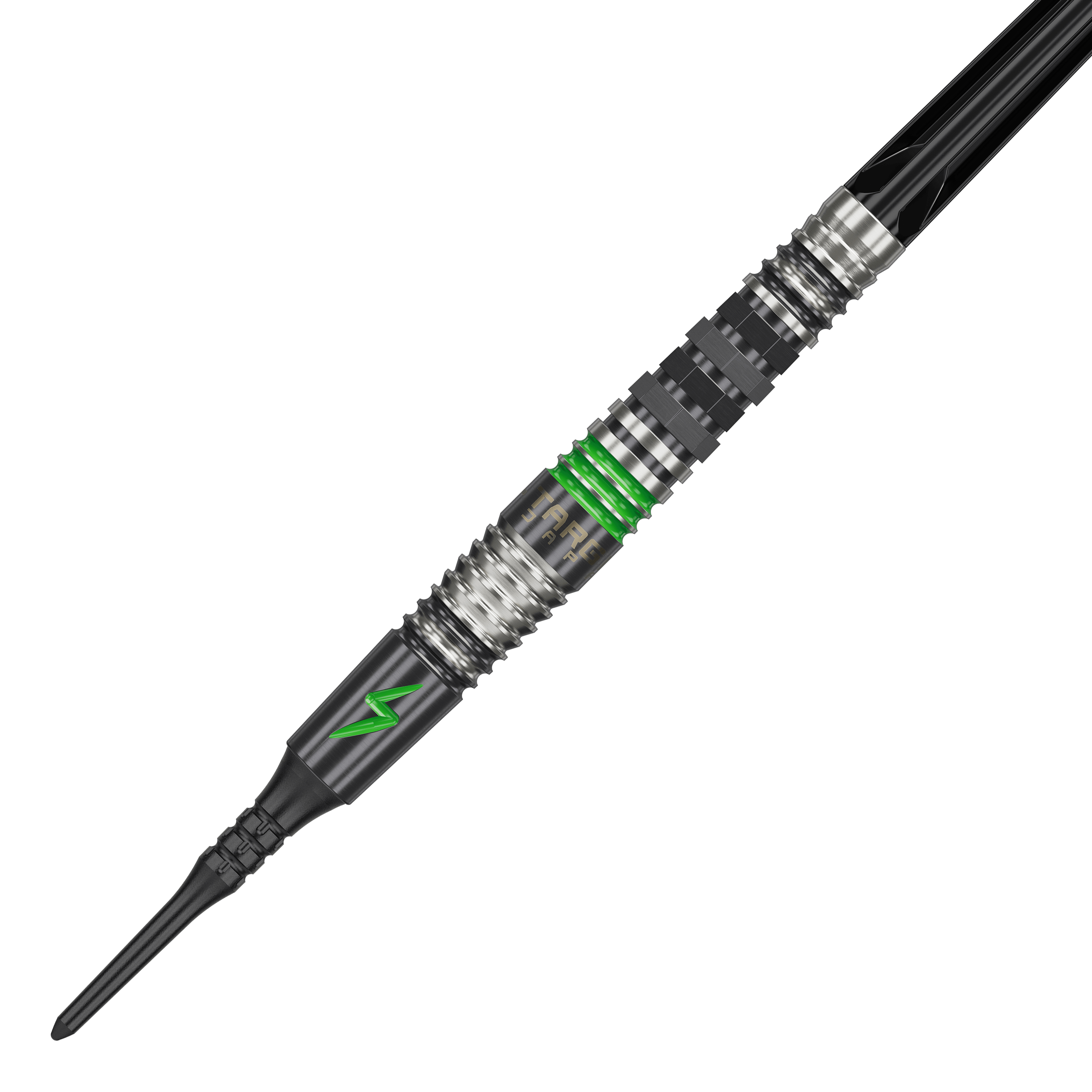 Target Japan Black Marque Lightning 3 freccette morbide - 19 g Das Bild zeigt einen Softdart namens "Target Japan Black Marque Lightning 3" mit einem Gewicht von 19g. Der Dart ist schwarz-silber mit grünen Akzenten und einem Blitzsymbol verziert.