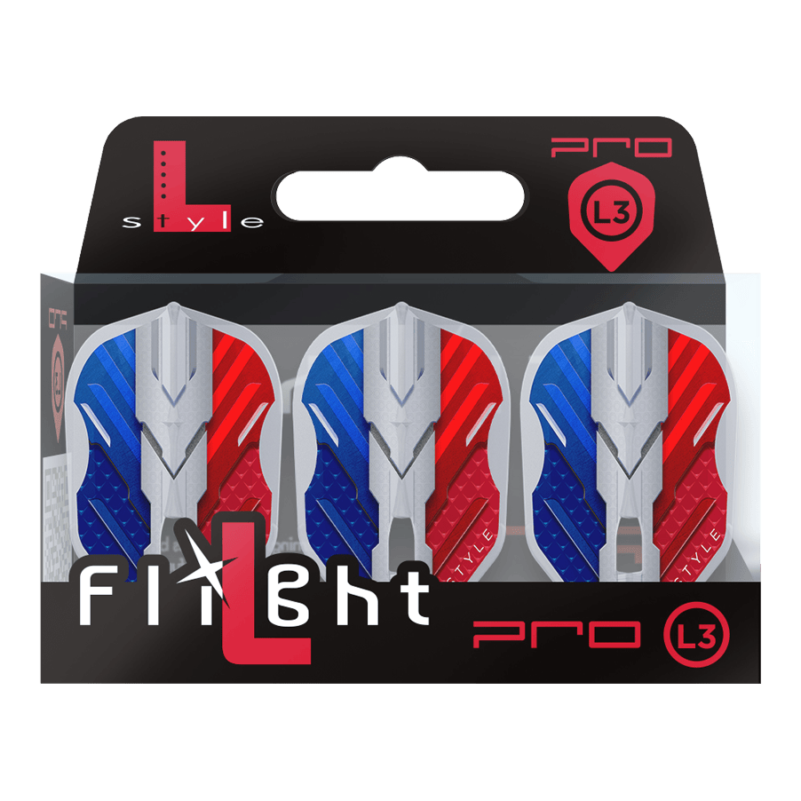 Alette L-Style V-Series V1 Tipo B Francia Bianco Trasparente L3PRO Das Bild zeigt eine Verpackung mit drei Dartflights der Marke L-Style in den Farben Blau, Weiß und Rot. Auf der Verpackung steht "Flight L Pro L3", und die Flights haben ein modernes, kantiges Design.
