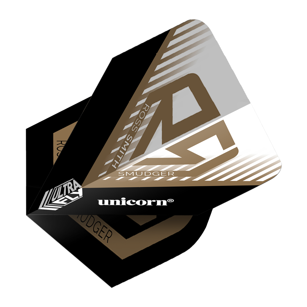 Voli Unicorn Ultrafly 100 Ross Smith Plus Das Bild zeigt die Unicorn Ultrafly 100 Ross Smith Plus Flights mit einem modernen Design in Schwarz, Gold und Weiß. Auf der Flight-Oberfläche sind die Wörter "Ross Smith", "Unicorn" und "Smudger" zu sehen.