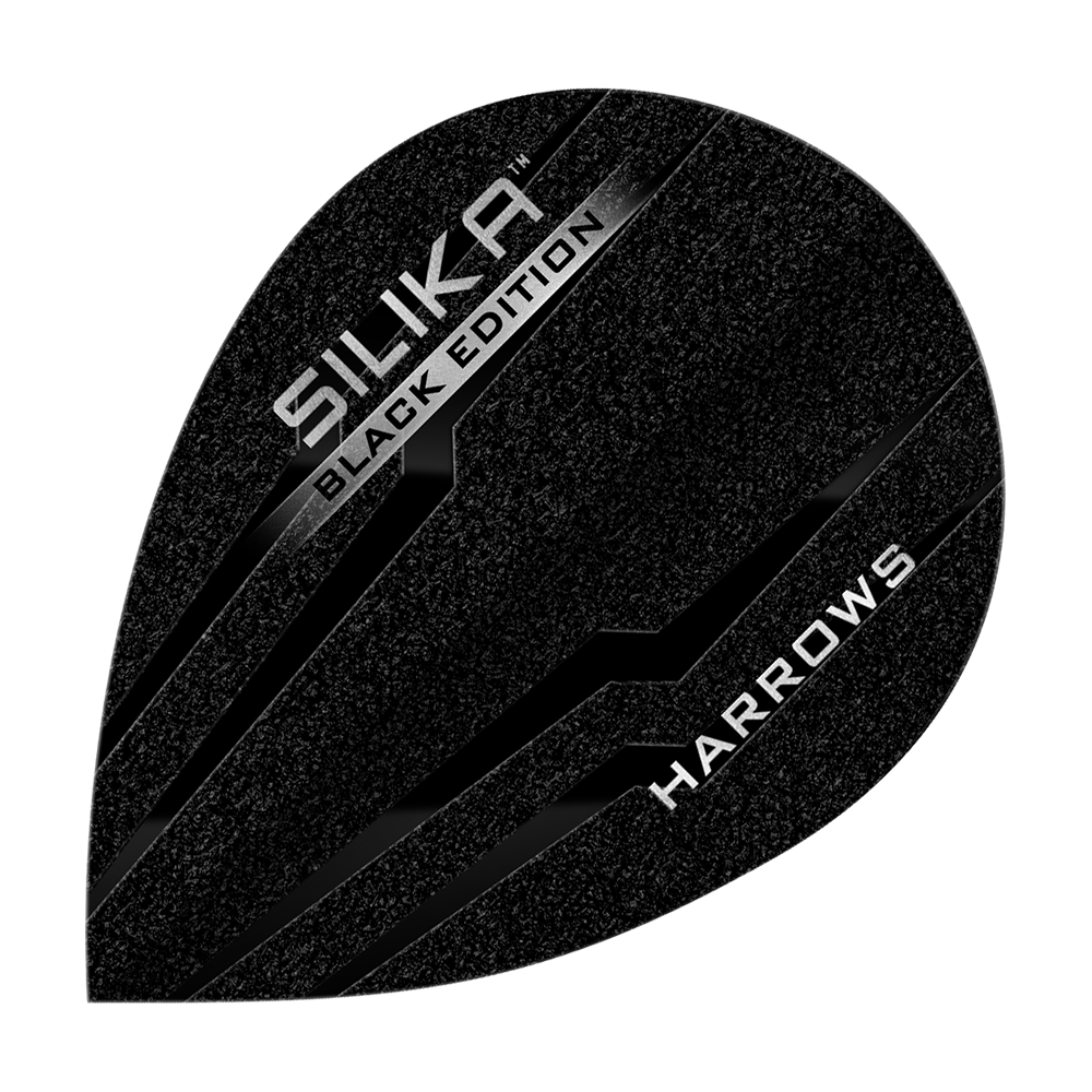 Voli di pere Harrow's Silica Black-Edition Dieses Bild zeigt das Produkt "Harrows Silika Black-Edition Pear Flights". Die Flights sind schwarz mit silbernen Akzenten und dem Text "SILIKA BLACK EDITION" sowie "HARROWS" darauf.