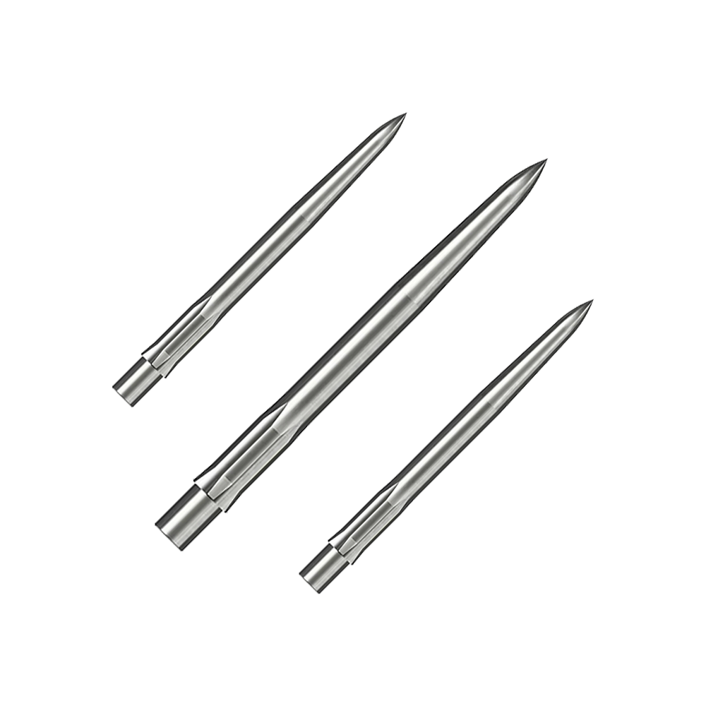 Punte per freccette in acciaio Caliburn System - Lisce - Argento Das Bild zeigt drei silberne, glatte Steeldartspitzen. Sie liegen parallel nebeneinander auf weißem Hintergrund.