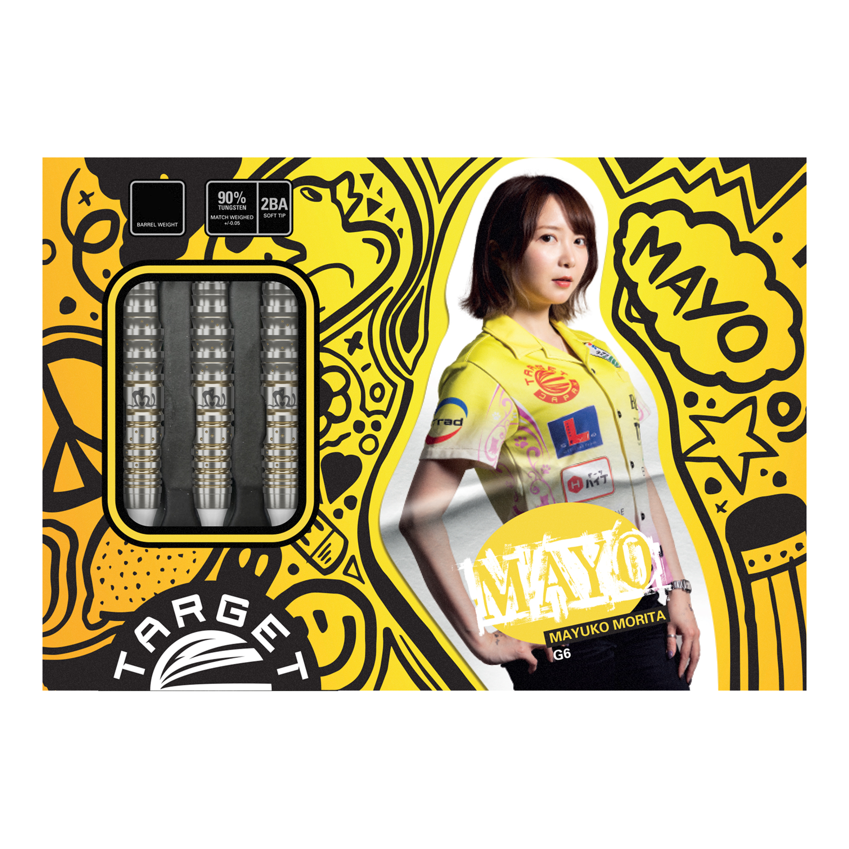 Target Japan Prime Series Mayujo Morita GEN6 Freccette morbide - 18 g Die Verpackung zeigt die "Target Japan Prime Series Mayuko Morita GEN6 Softdarts - 18g". Links sind die Darts zu sehen, rechts ist ein Bild von Mayuko Morita mit buntem Hintergrund.