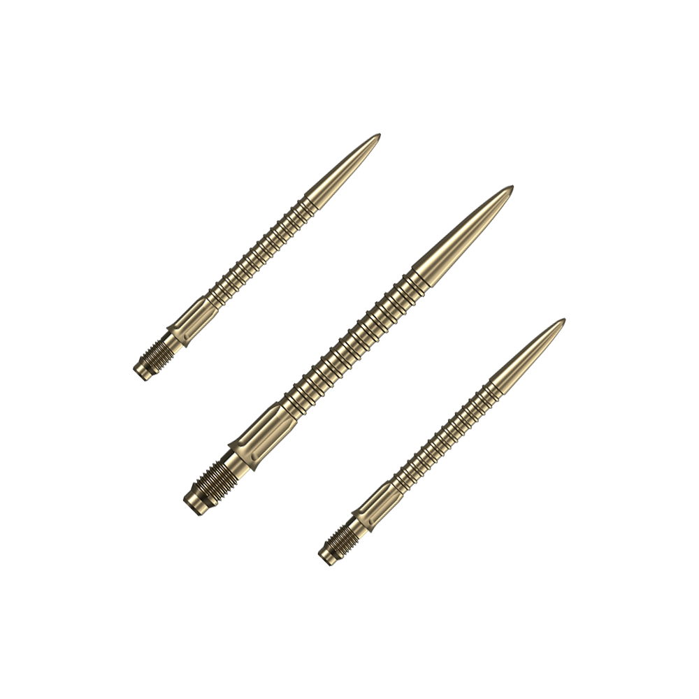 Punte per freccette Mission R2.5 Rapid Point GV1 - Oro Ein Set goldener Dartspitzen ist auf dem Bild zu sehen. Das Set ist für Dartpfeile gedacht.