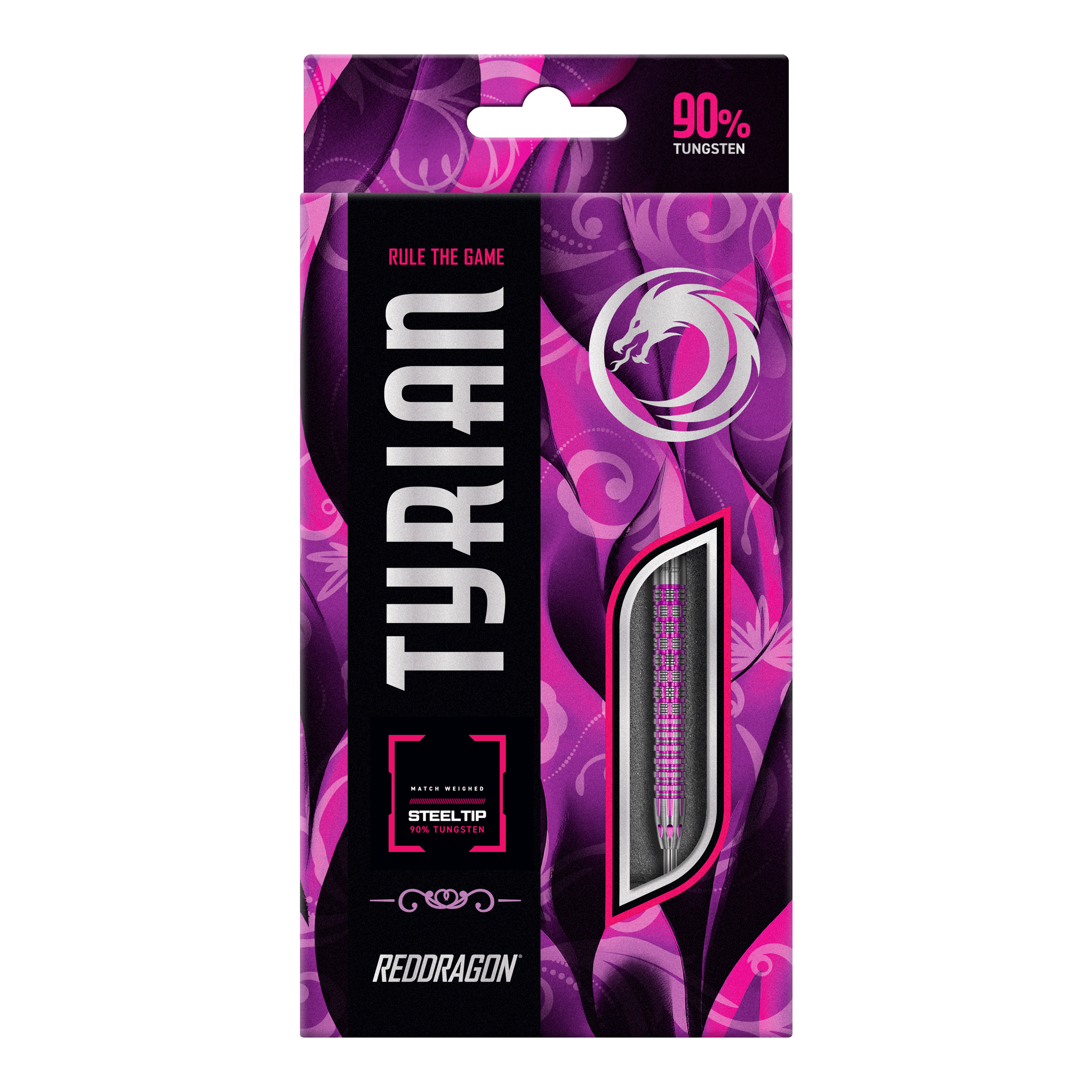 Dardi d'acciaio di Tyrian del drago rosso Die Abbildung zeigt die Verpackung der "Red Dragon Tyrian Steeldarts". Die Schachtel ist überwiegend in Lila- und Rosatönen gestaltet und hebt hervor, dass die Darts aus 90% Tungsten bestehen.