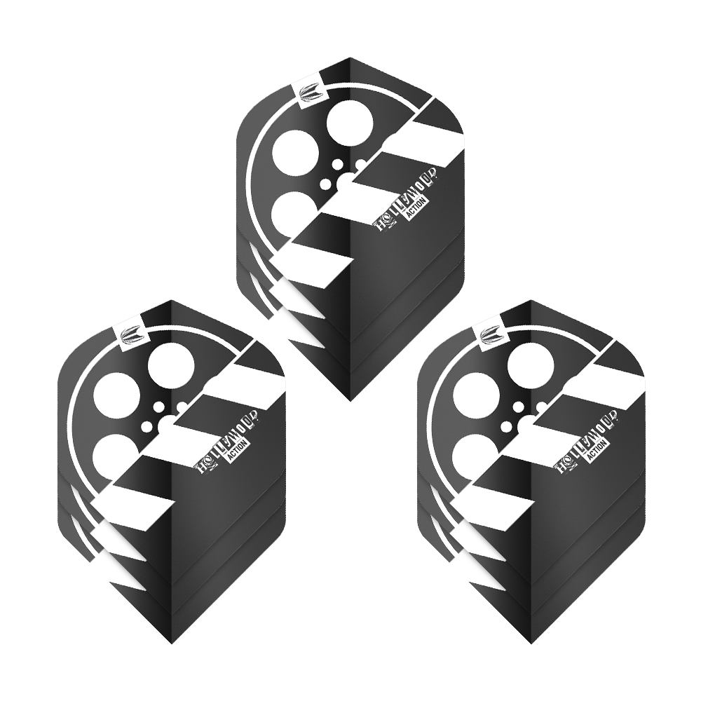 Target Pro Ultra Chris Dobey Hollywood Action No2 Standard Flights - 3 set Das Bild zeigt drei Sets von Dart-Flights mit einem Filmklappen-Design in Schwarz und Weiß. Die Flights tragen den Namen "Target Pro Ultra Chris Dobey Hollywood Action No2 Standard Flights".