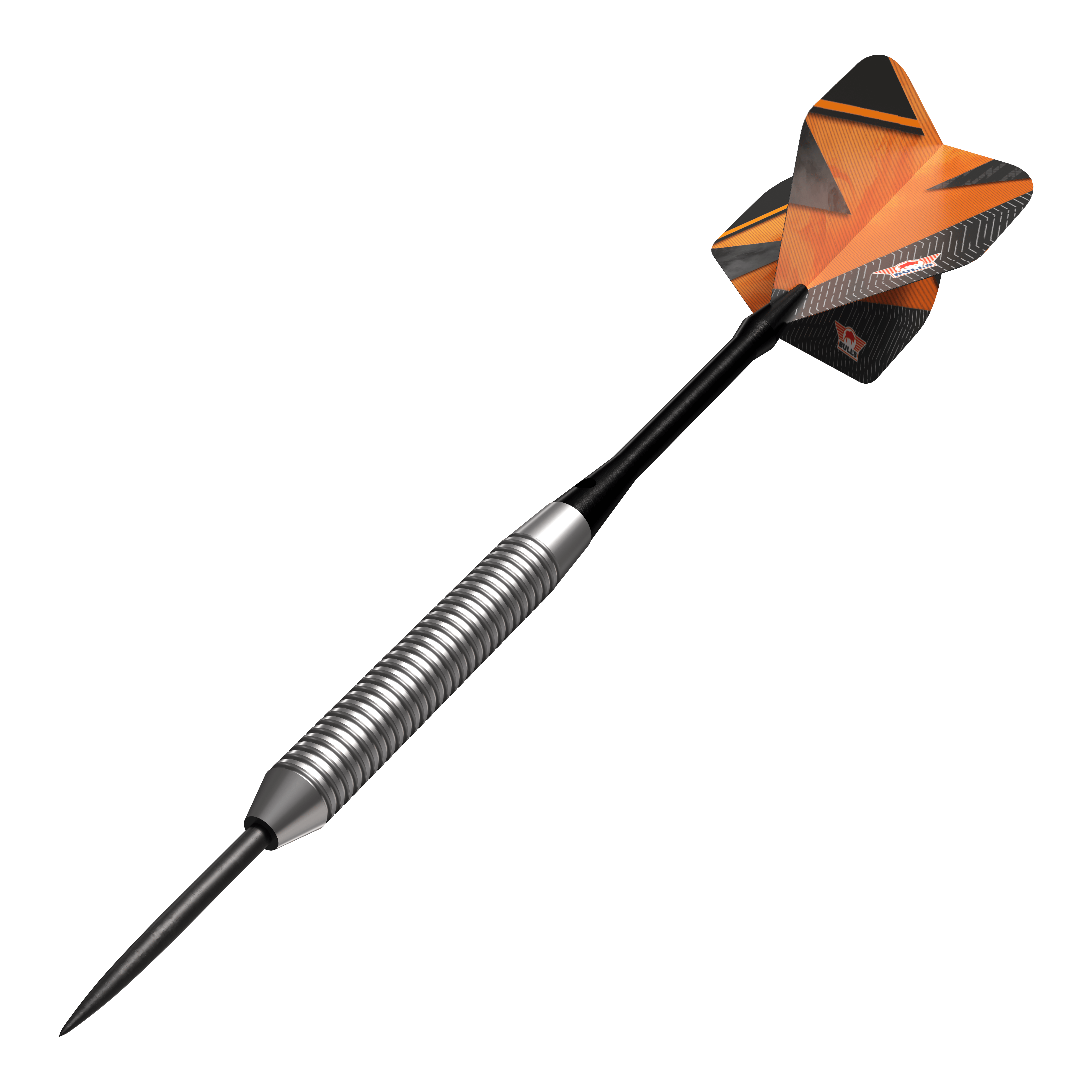 Bulls NL Lightning Freccette in acciaio arancioni Das Bild zeigt einen Bulls NL Lightning Orange Steeldart. Der Dart hat einen silbernen, gerillten Schaft und orangene Flights mit schwarzen Akzenten.