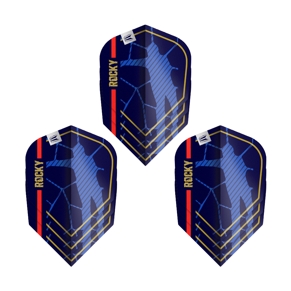 Target Pro Ultra Josh Rock GEN1 No6 Flights - 3 set Das Bild zeigt drei Dartflights des Produkts „Target Pro Ultra Josh Rock GEN1 No6 Flights - 3 Sets“. Die Flights sind dunkelblau mit goldenen Linien, einer roten Streifen und dem Schriftzug „ROCKY“ versehen.
