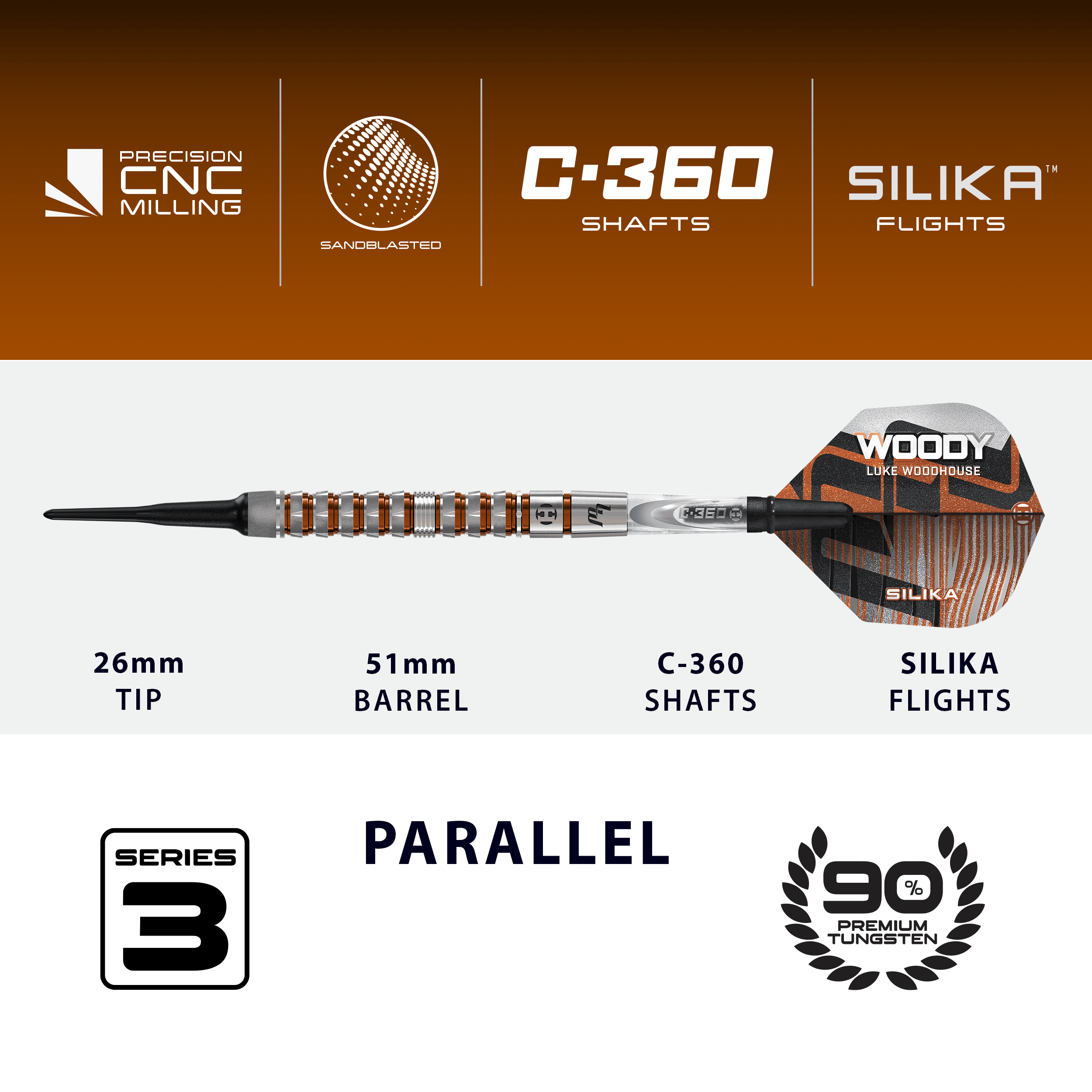 Freccette morbide Luke Woodhouse Series 3 di Harrow - 18 g Abgebildet sind die Harrows Luke Woodhouse Series 3 Softdarts - 18g. Die Darts werden als 18-Gramm-Version präsentiert.