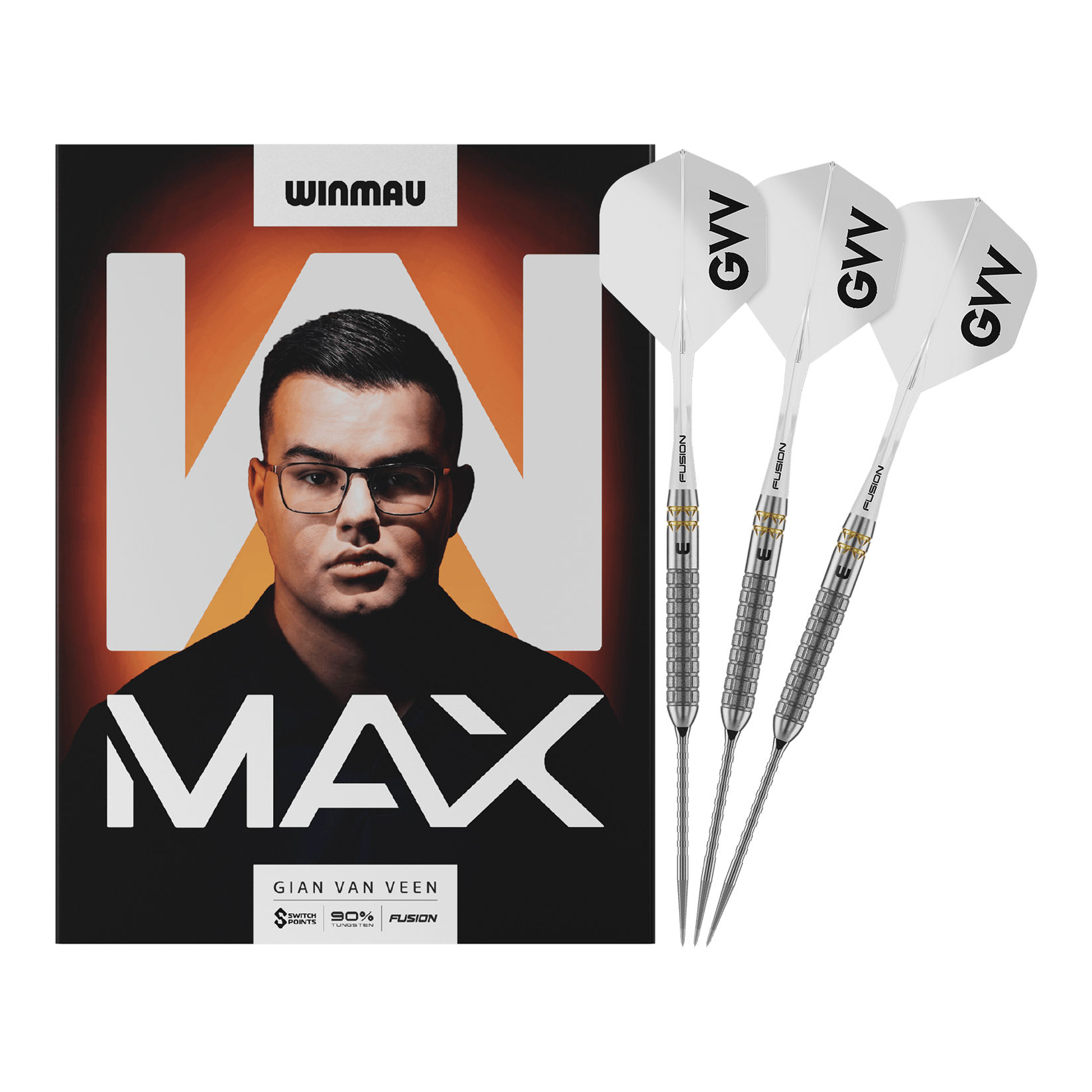 Freccette in acciaio Winmau Gian Van Veen W-MAX Switch Point Das Bild zeigt Winmau Gian Van Veen W-MAX Switch Point Steeldarts in voller Länge. Alle Details des Darts sind sichtbar.