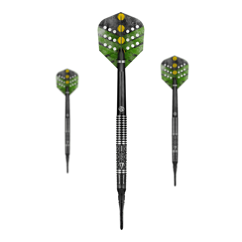 Shot Devon Petersen The Courage freccette morbide Shot Devon Petersen The Courage Softdarts mit detailliertem Flight-Design. Die Darts sind beobachtbar angeordnet.