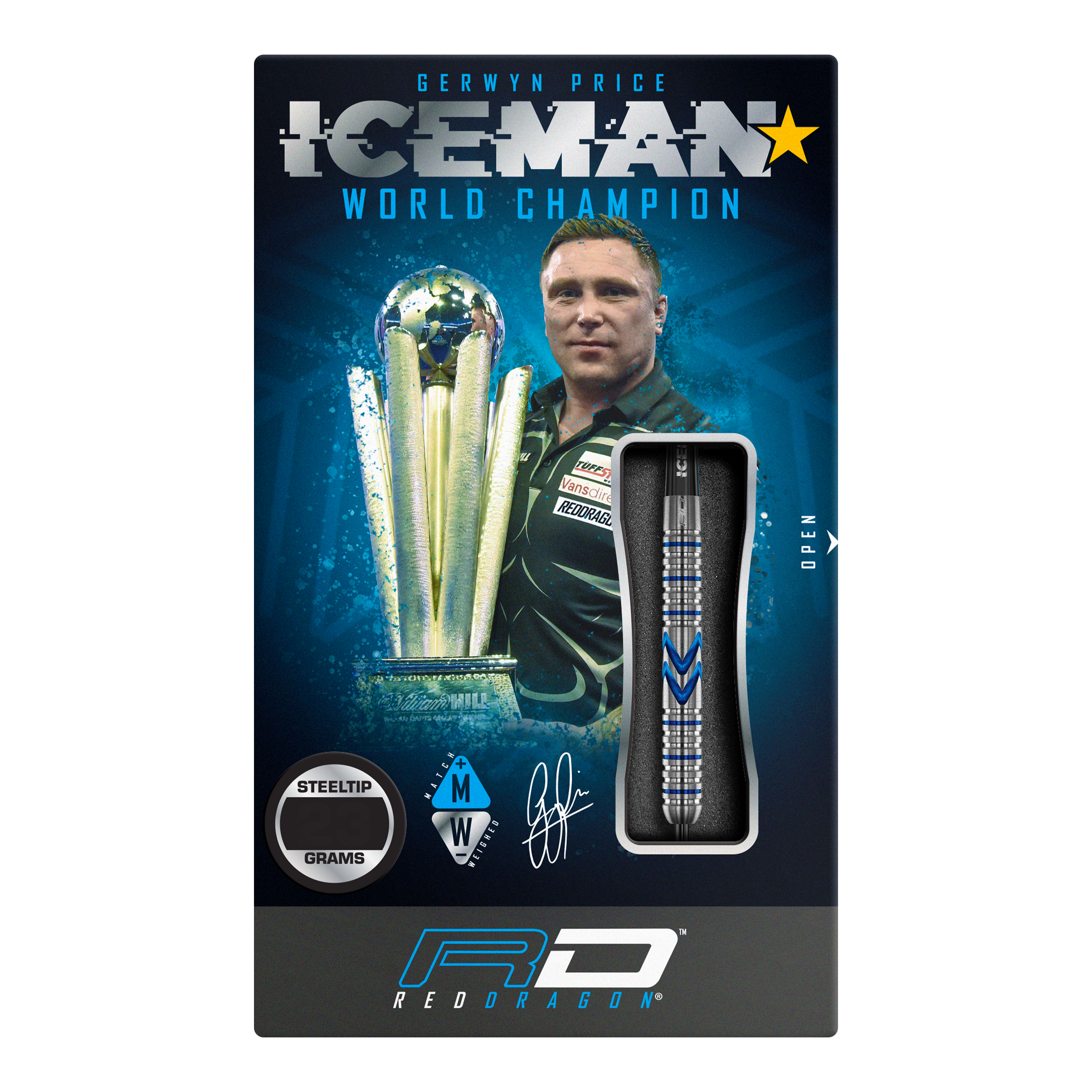 Freccette in acciaio Red Dragon Gerwyn Price Iceman Midnight Edition Das Bild zeigt die Verpackung der "Red Dragon Gerwyn Price Iceman Midnight Edition Steeldarts". Auf der Verpackung ist ein Bild von Gerwyn Price mit einem Pokal und einem Steel-Dart abgebildet.