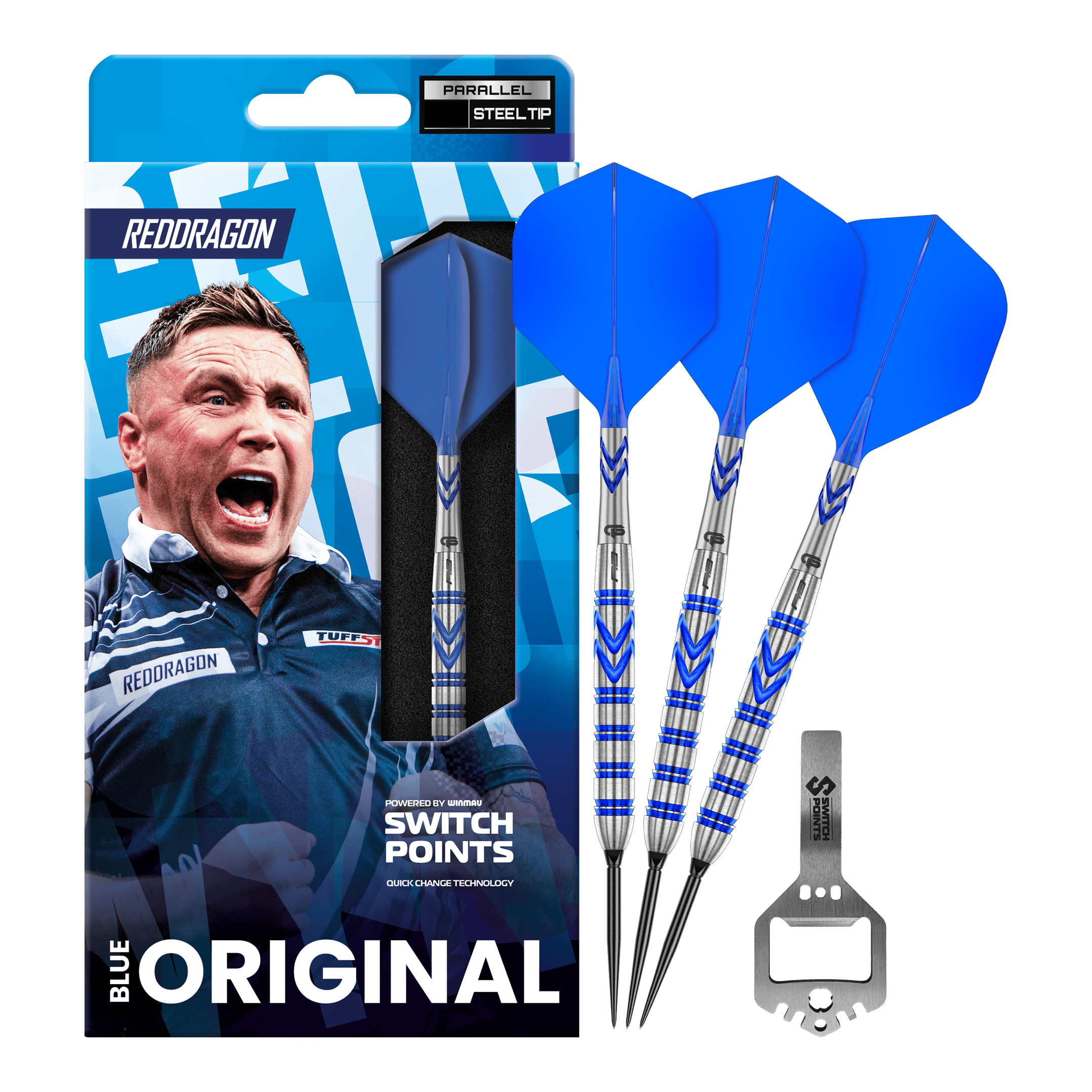 Dardi d'acciaio originali Switch Point di Gerwyn Price, Red Dragon Rosso Das Bild zeigt die Red Dragon Gerwyn Price Blue Original Switch Point Steeldarts. Es handelt sich um hochwertige Steeldarts mit blauem Design.
