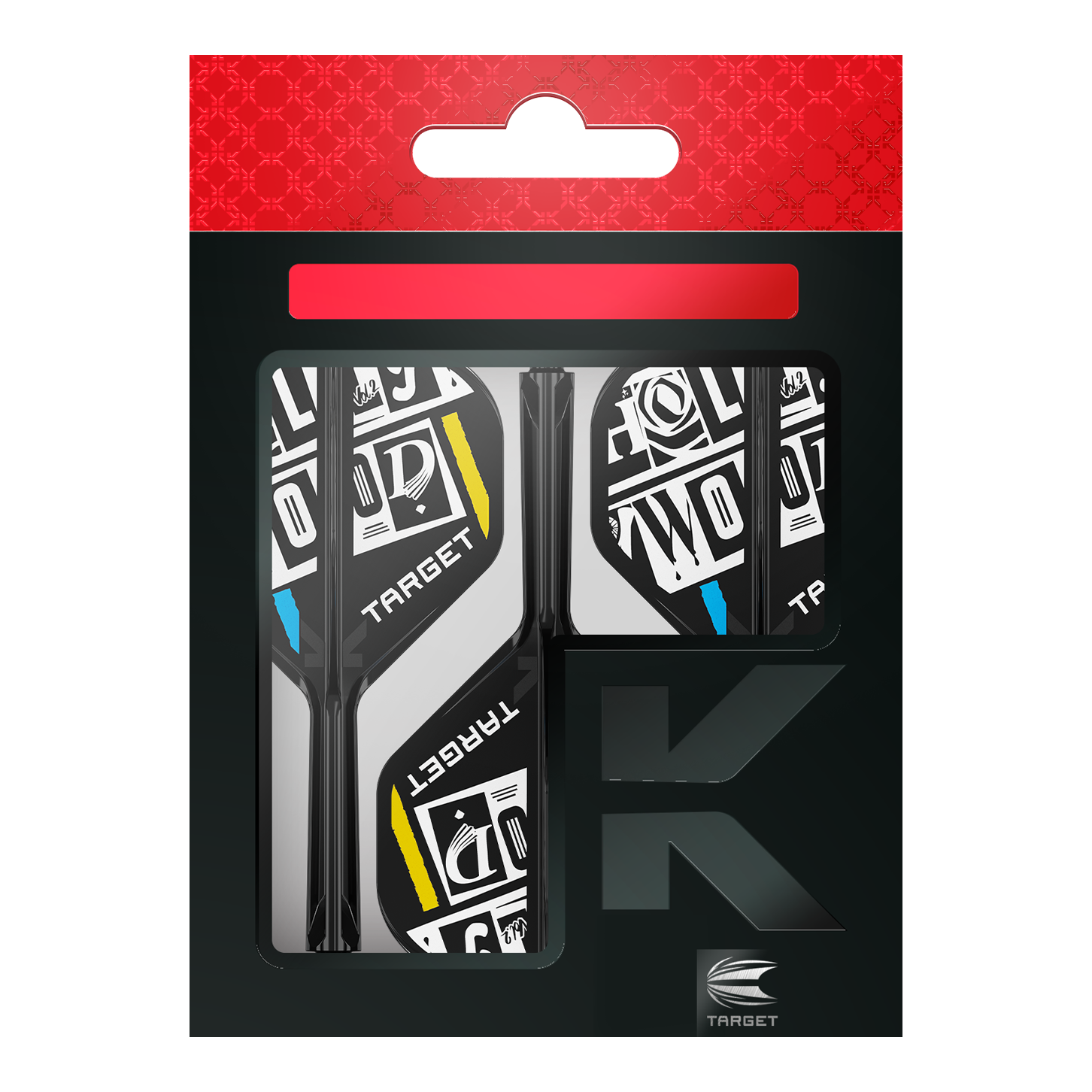 Sistema di alberi di volo standard Target K-Flex Chris Dobey No2 Das Bild zeigt eine Packung der "Target K-Flex Chris Dobey No2 Standard Flights". Die Flights sind schwarz-weiß mit gelben und blauen Akzenten gestaltet und befinden sich in einer schwarzen Verpackung mit rotem Aufhänger.