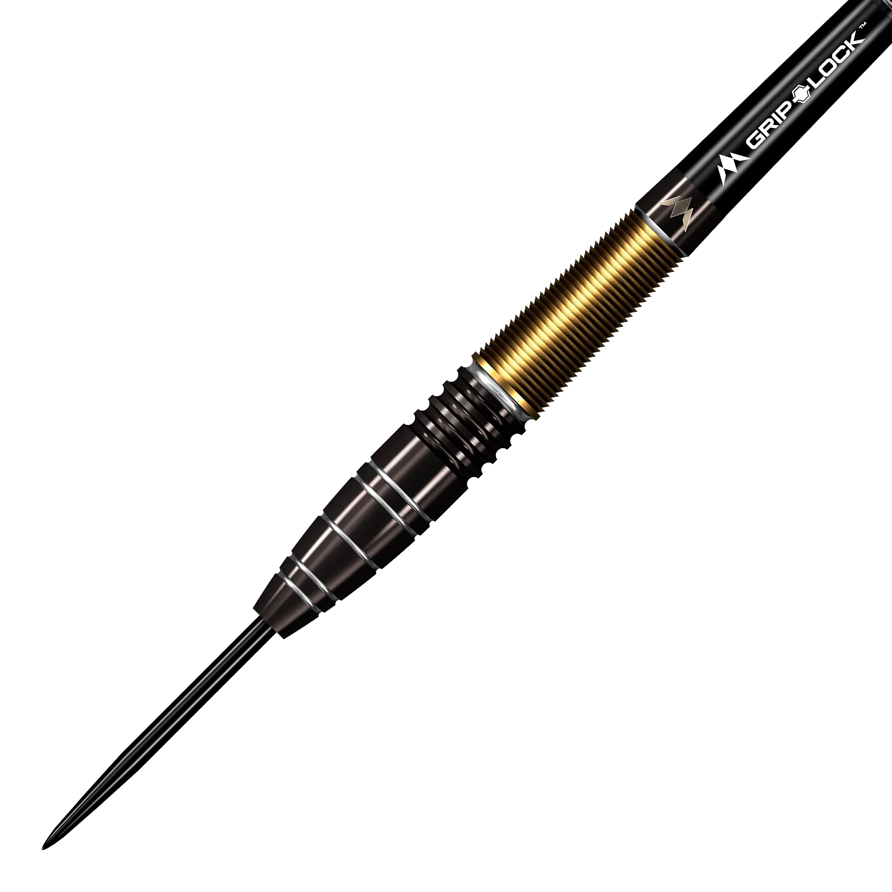 Freccette in acciaio Mission Crypt modello 1 - 22 g Das Bild zeigt einen Mission Crypt Model 1 Steeldart mit einem Gewicht von 22g. Der Dart hat ein elegantes Design mit schwarzen und goldenen Akzenten.