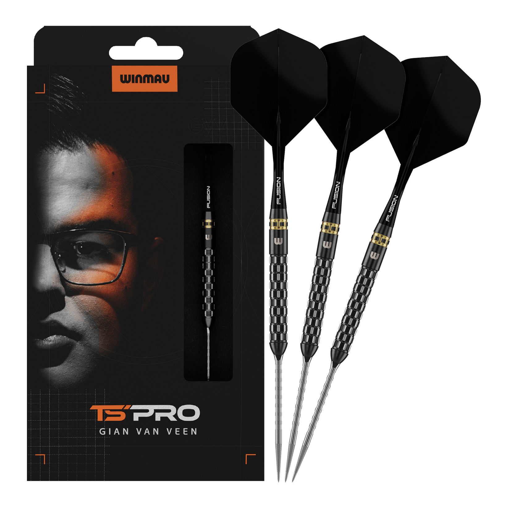 Abgebildet sind Winmau Gian Van Veen TS-PRO Switch Point Steeldarts in voller Länge. Die Darts stechen durch ihre Form hervor.