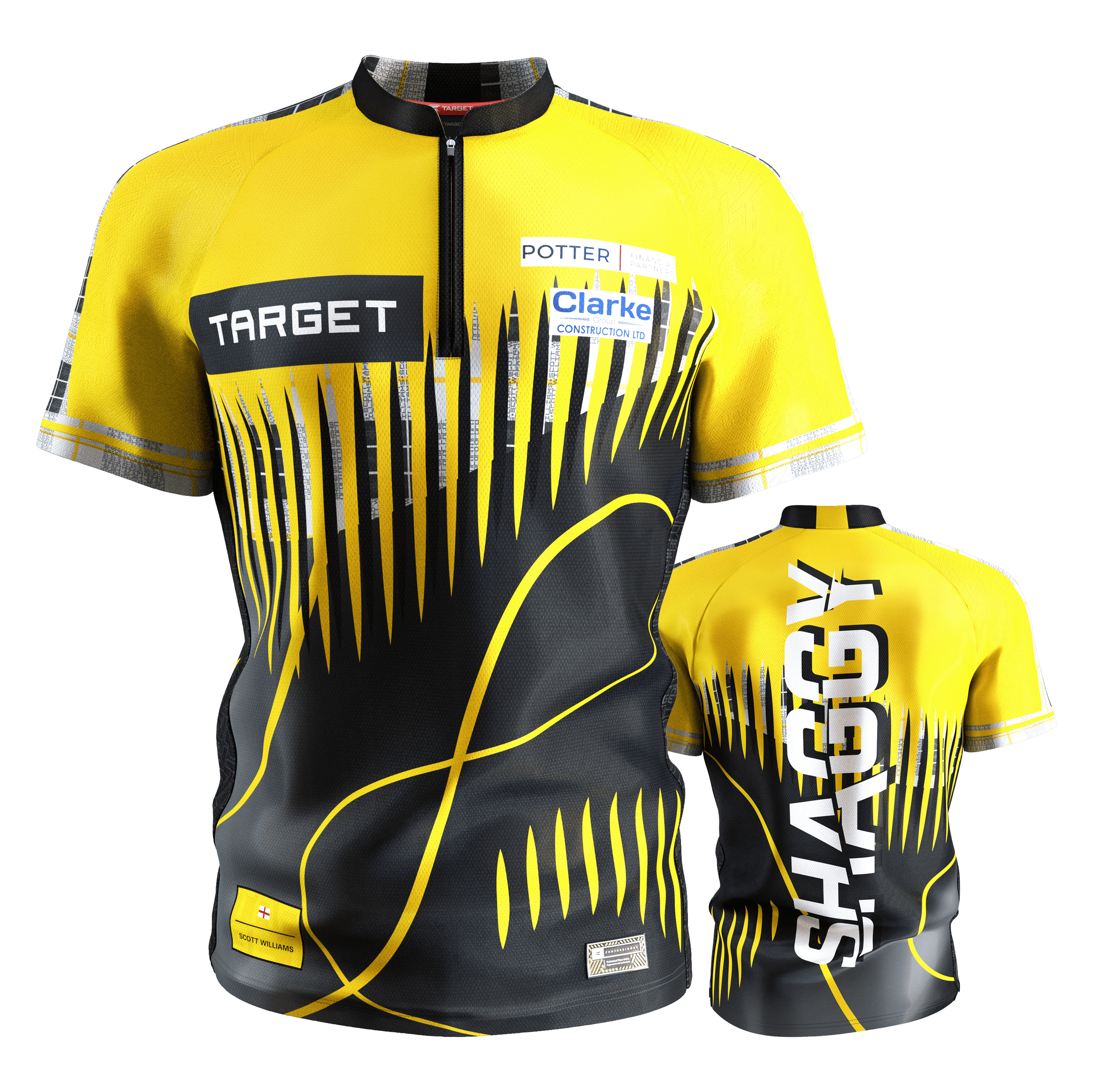 Maglietta da freccette Target Coolplay Scott Williams 2025 Das Bild zeigt das "Target Coolplay Scott Williams 2025 Dartshirt" in Gelb und Schwarz mit auffälligem Muster. Auf der Rückseite steht groß das Wort "SHAGGY".