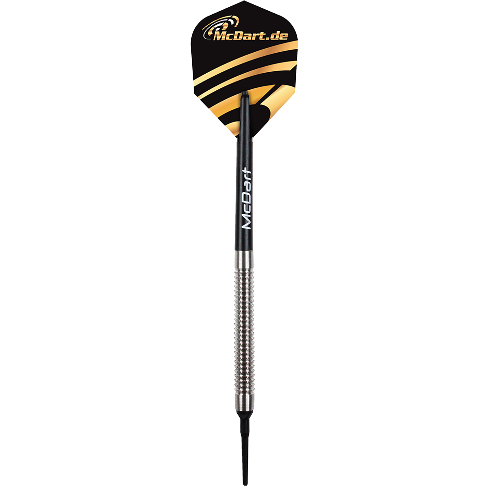 Set di freccette McDart Giga Grip 2 Das Bild zeigt einen Dartpfeil aus dem McDart Giga Grip 2 Dartset. Der Pfeil hat ein silbernes Griffstück, einen schwarzen Schaft und eine schwarze Flights mit gelben Streifen und dem McDart.de-Logo.
