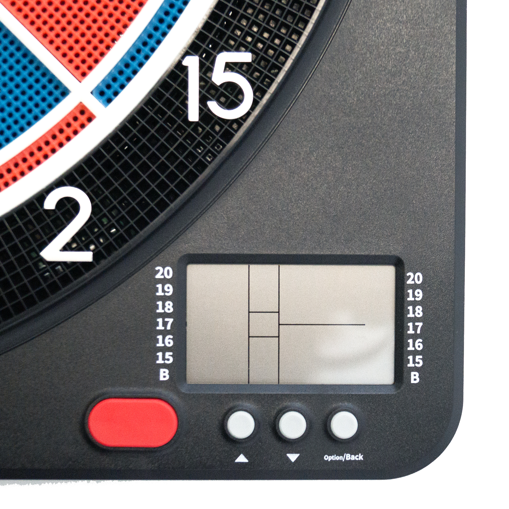 Bersaglio elettronico morbido Karella CB-Smart Das Bild zeigt einen Ausschnitt der elektronischen Soft-Dartscheibe "Karella CB-Smart". Zu sehen sind ein Teil der Dartscheibe, das Display und mehrere Bedientasten.