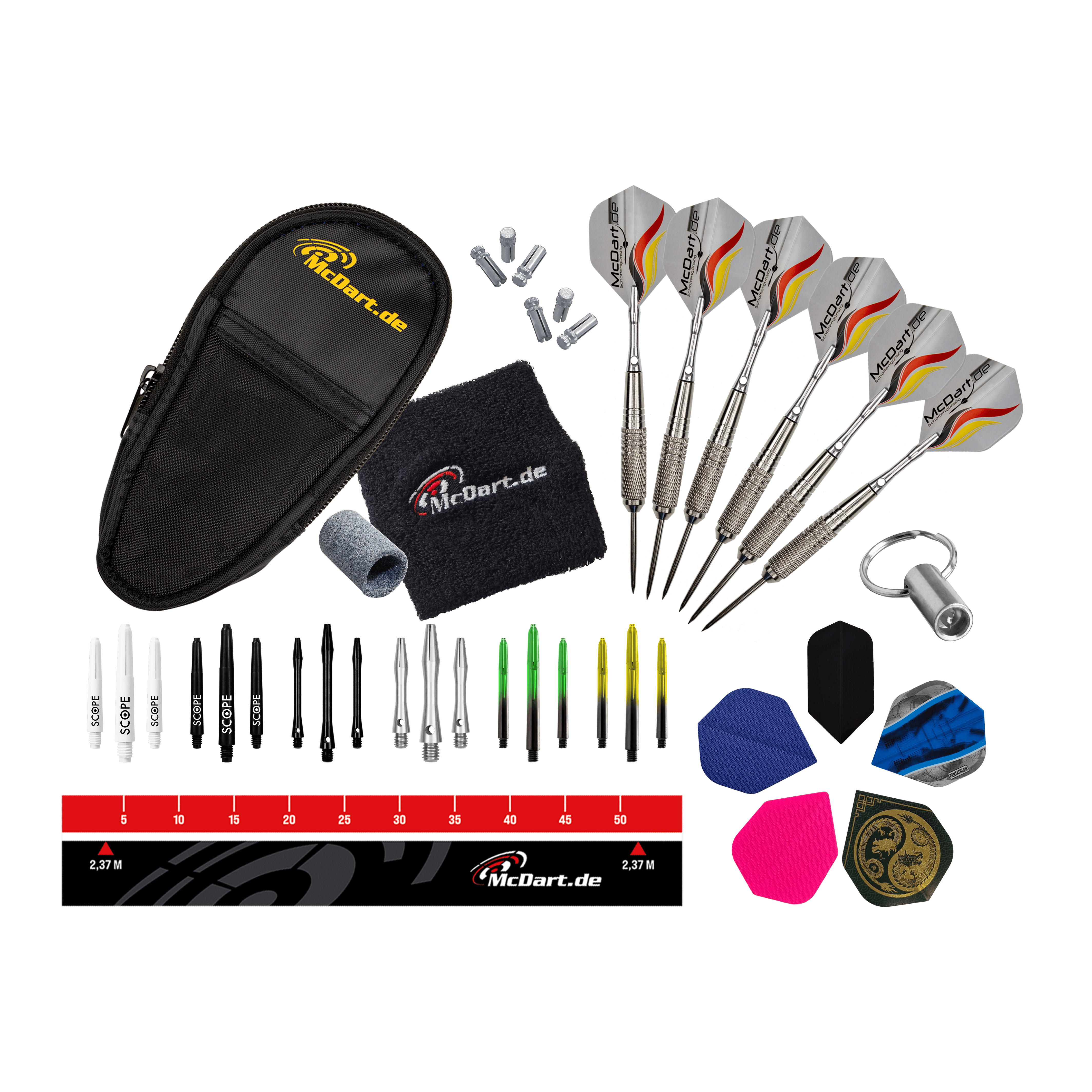 McDart Starter Pack Steel Dart Das Bild zeigt das McDart Starterpack. Es handelt sich um ein Starterset für Dartspieler.