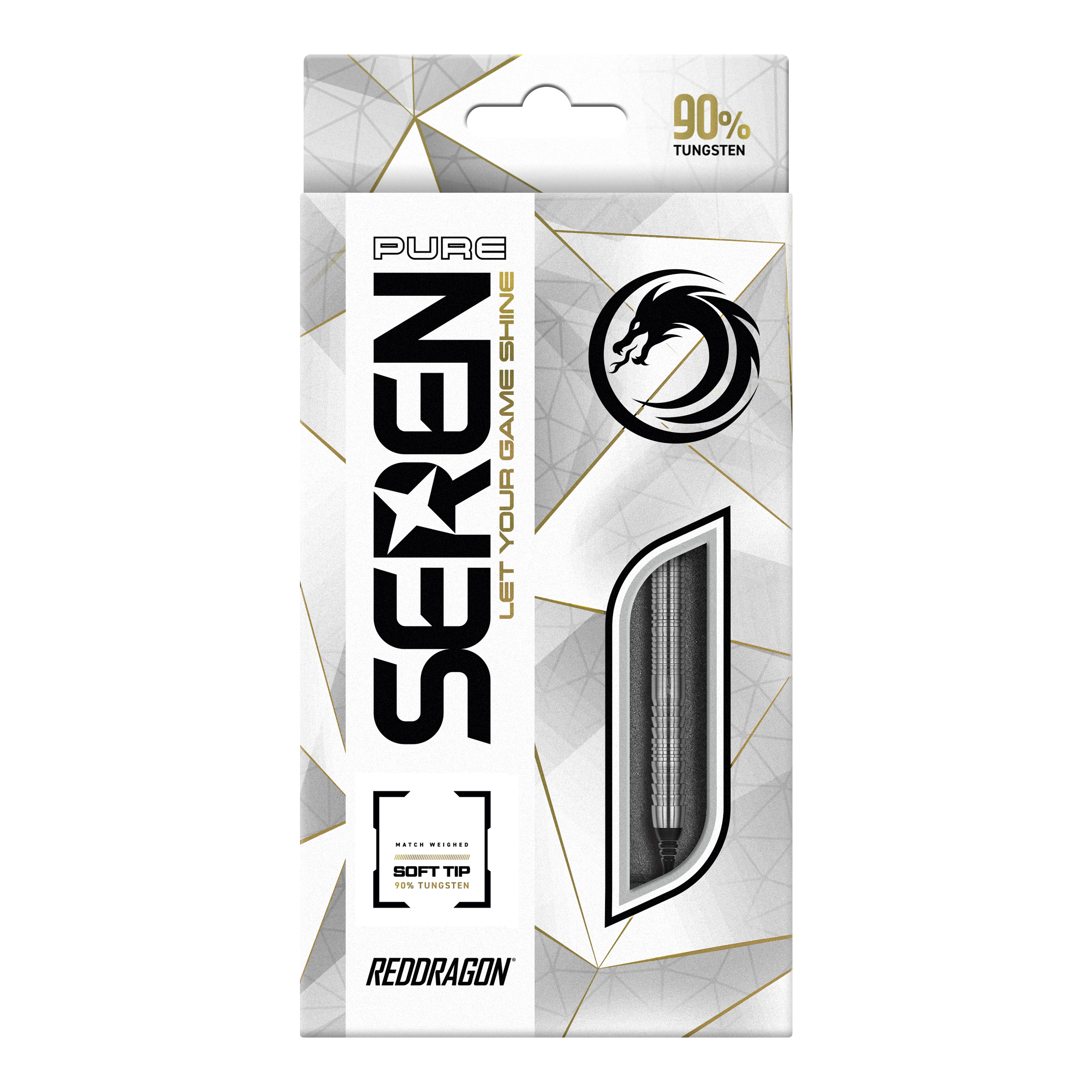 Red Dragon Seren 1 Freccette morbide pure - 20 g Die Verpackung zeigt das Produkt "Red Dragon Seren 1 Pure Softdarts - 20g". Das Design ist überwiegend weiß mit goldenen und schwarzen Akzenten und hebt die Qualität aus 90 % Tungsten hervor.