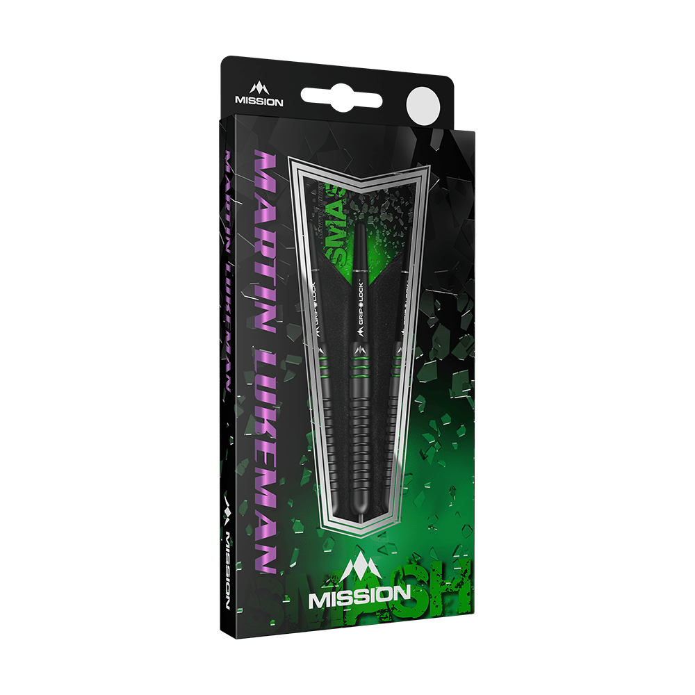 M001325_Mission_Martin_Lukeman_Black_Titanium_Steeldarts_3 Die Abbildung zeigt die Mission Martin Lukeman Black Titanium Steeldarts mit 25g Gewicht in ihrer Verpackung. Die Verpackung ist überwiegend schwarz und grün gestaltet und hebt den Namen des Produkts deutlich hervor.