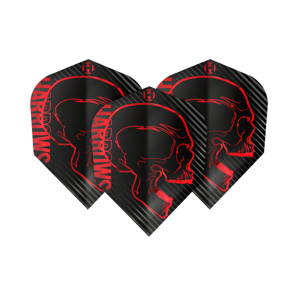 Voli Harrows Rage Red No6 Das Bild zeigt drei schwarze Dartflights mit einem roten Totenkopfdesign und dem Schriftzug "Harrows" an der Seite. Die Flights sind Teil des Produkts "Harrows Rage Red No6 Flights".
