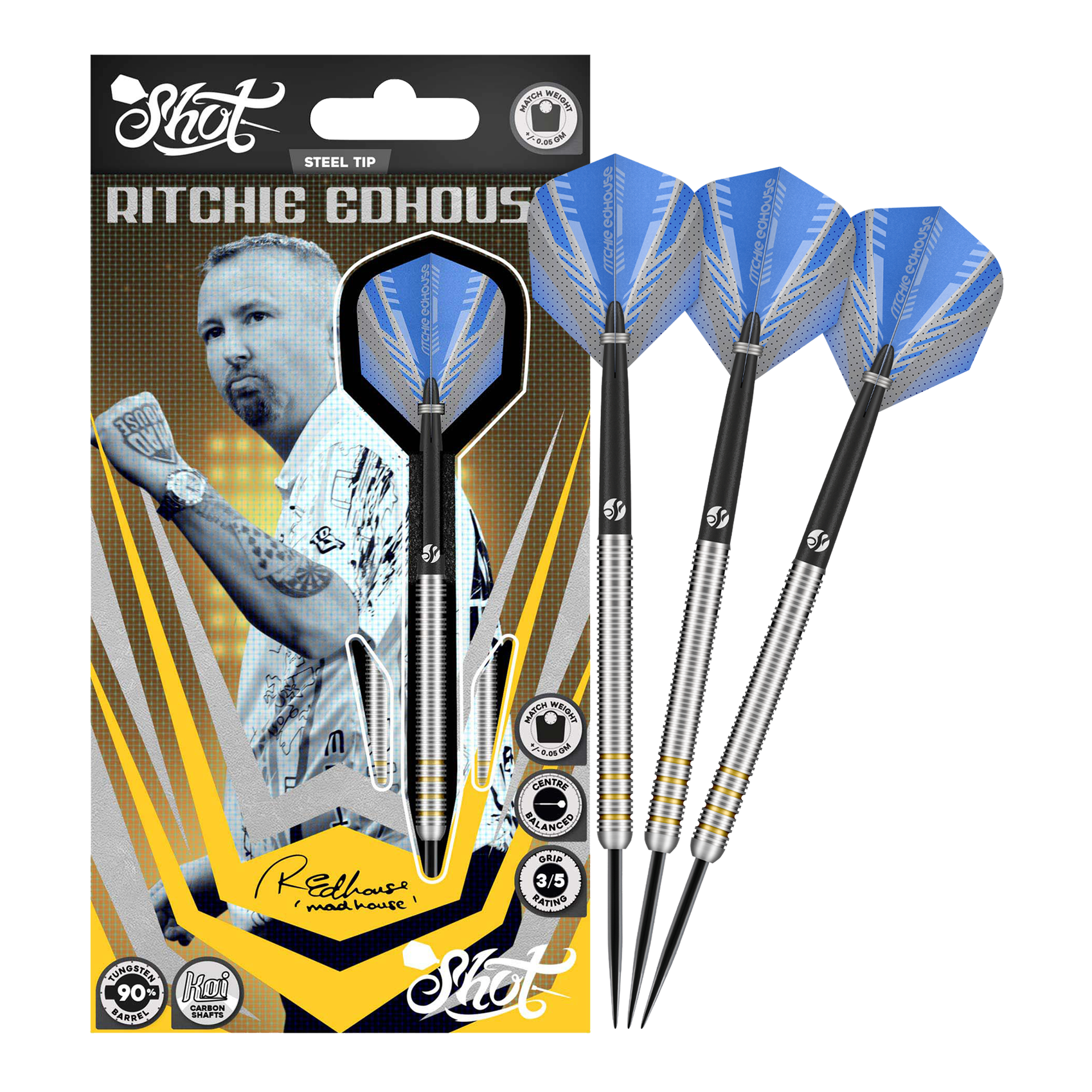 Freccette Shot Ritchie Edhouse Core Steel Abgebildet sind die Shot Ritchie Edhouse Core Steeldarts in voller Ansicht. Sie überzeugen durch ihr hochwertiges Design.
