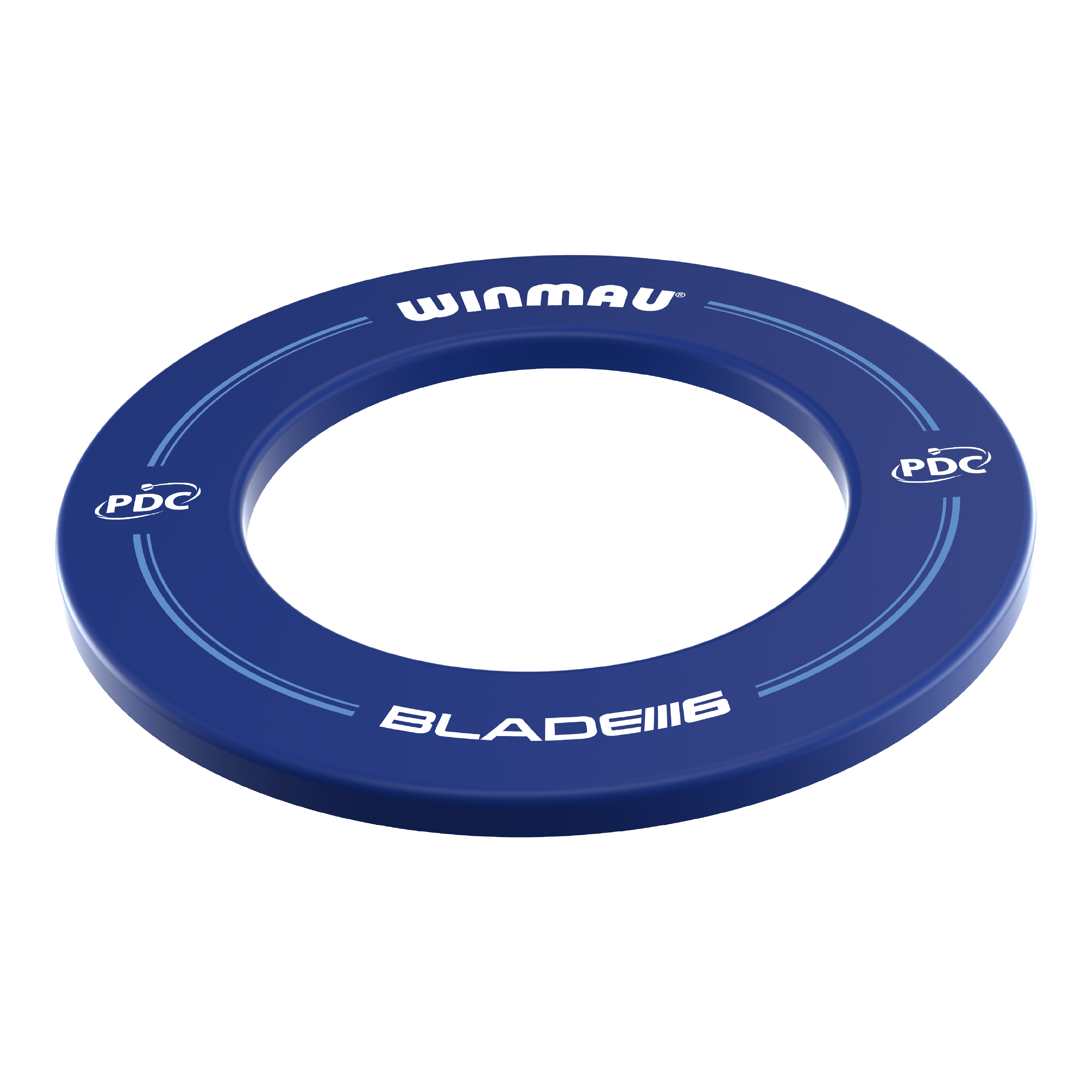 Winmau PDC Dartboard Surround - Blu Das Bild zeigt ein blaues Dartboard-Surround der Marke Winmau mit der Aufschrift "BLADE 6" und "PDC". Es ist rund und dient zum Schutz der Wand rund um eine Dartscheibe.