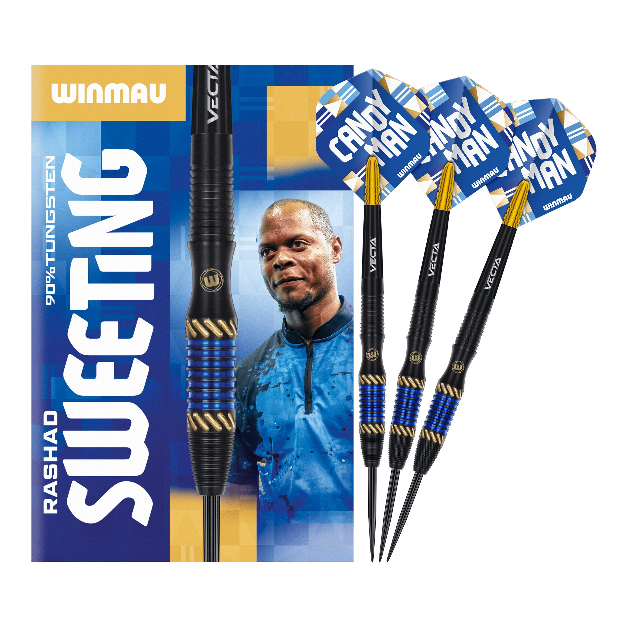 Freccette in acciaio Winmau Rashad Sweeting - 24 g Auf dem Bild sind die Winmau Rashad Sweeting Steeldarts - 24g zu sehen. Die Verpackung zeigt ein Porträt von Rashad Sweeting und die drei Darts sind mit blauen und goldenen Akzenten gestaltet.