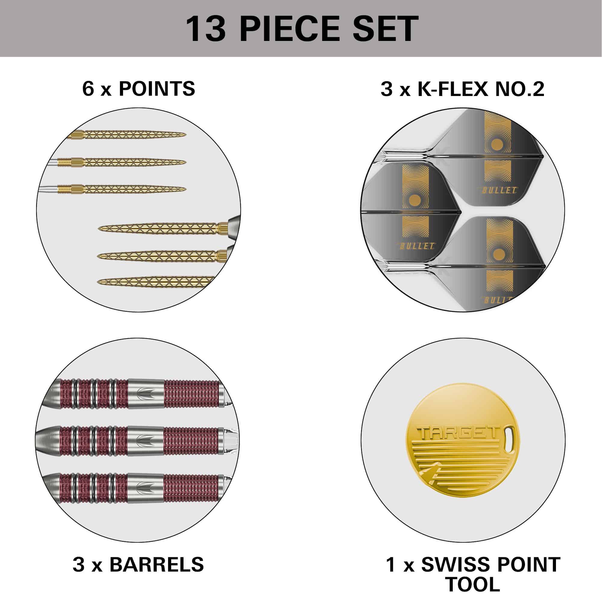 Freccette in acciaio Target Stephen Bunting 95K Swiss Point Das Bild zeigt ein 13-teiliges Dart-Set mit Spitzen, Schäften, Barrels und einem Swiss Point Werkzeug. Es handelt sich um das Produkt "Target Stephen Bunting 95K Swiss Point Steeldarts".