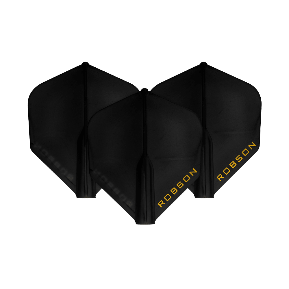 Voli Robson Plus - Standard Auf dem Bild sind drei schwarze Dart-Flights zu sehen. Auf jedem Flight steht das Wort "ROBSON" in gelber Schrift.