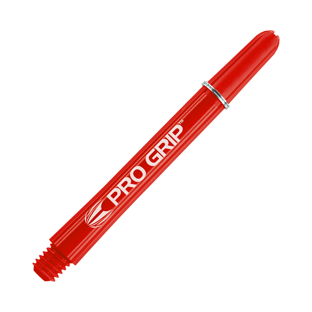 Das Bild zeigt einen roten Dartshafts mit der Aufschrift "PRO GRIP". Der Schaft hat eine glatte Oberfläche und einen silbernen Ring in der Mitte.