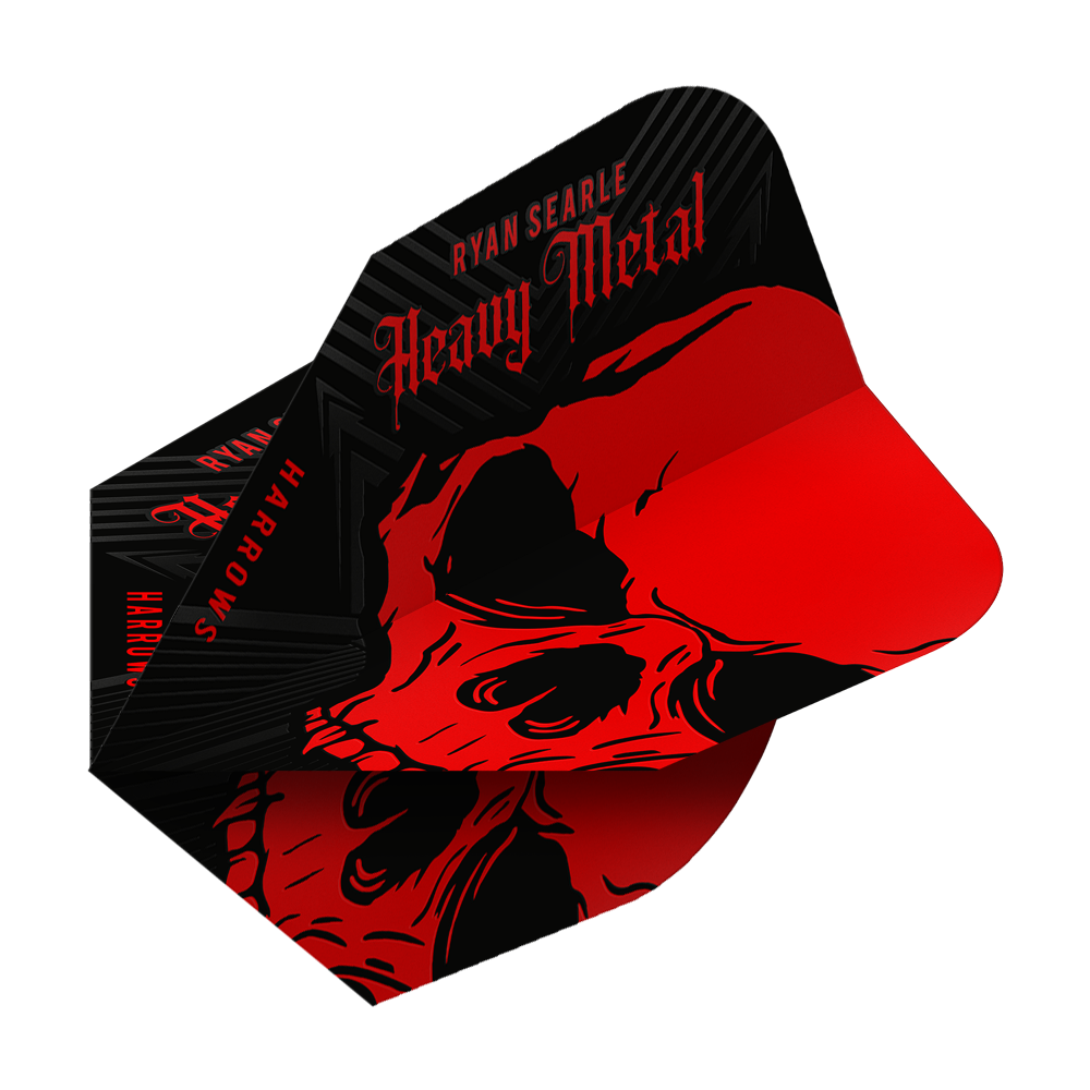 Voli Heavy Metal n. 6 di Ryan Searle di Harrow Das Bild zeigt das Produkt "Harrows Ryan Searle Heavy Metal No6 Flights". Die Flights sind schwarz und rot gestaltet und zeigen einen auffälligen Totenkopf mit dem Schriftzug "Heavy Metal".