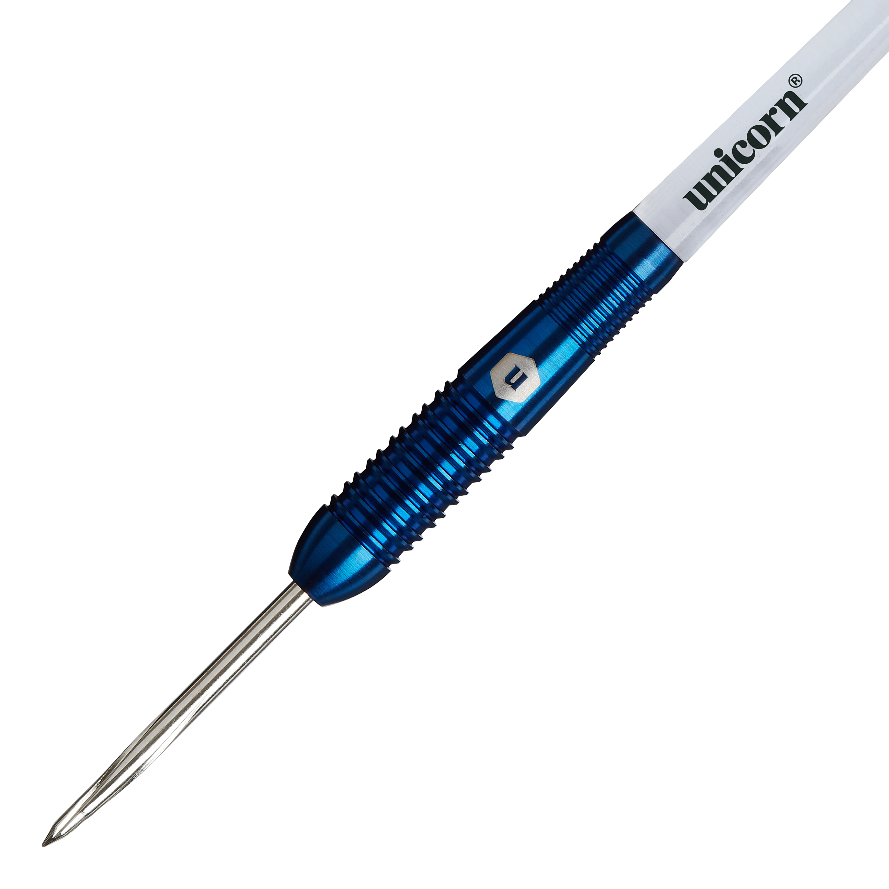 Unicorn Prodigy 02 Torpedo freccette in acciaio Das Bild zeigt den Unicorn Prodigy 02 Torpedo Steeldart mit einem blauen, geriffelten Schaft. Auf dem weißen Schaftabschnitt steht der Schriftzug "unicorn".