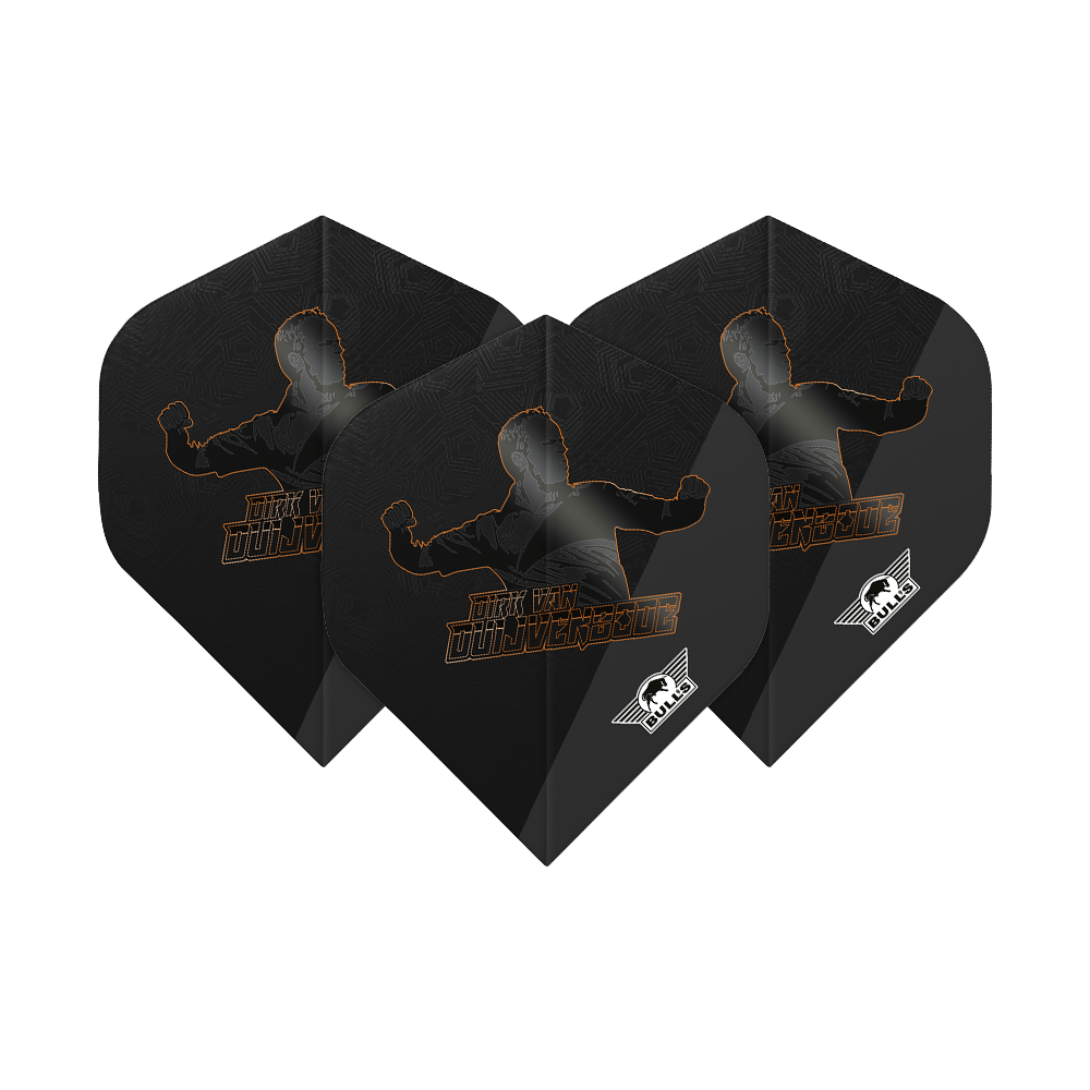 Bulls NL Player 100 Dirk Van Duijvenbode Edition 2 No2 Voli standard Das Bild zeigt drei schwarze Dart Flights mit dem Aufdruck "Dirk Van Duijvenbode" und einer Silhouette. In der Ecke ist das weiße Bulls NL-Logo zu sehen.