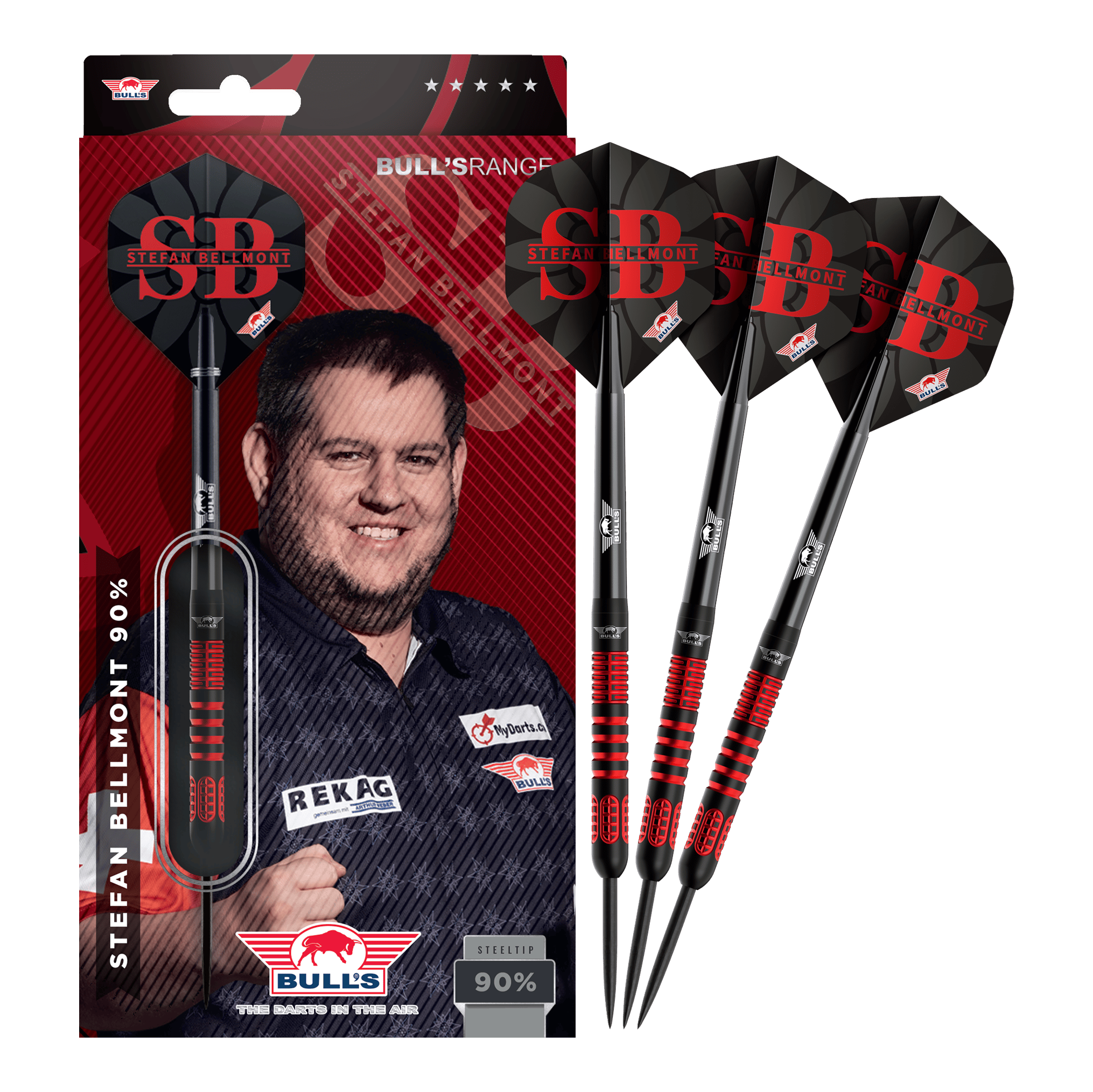 Bulls NL Stefan Bellmont 90 freccette in acciaio - 23 g Das Bild zeigt die vollständigen Bulls NL Stefan Bellmont 90 Steeldarts 23g. Die Darts sind in einem Set abgebildet und überzeugen durch ihre Verarbeitung.