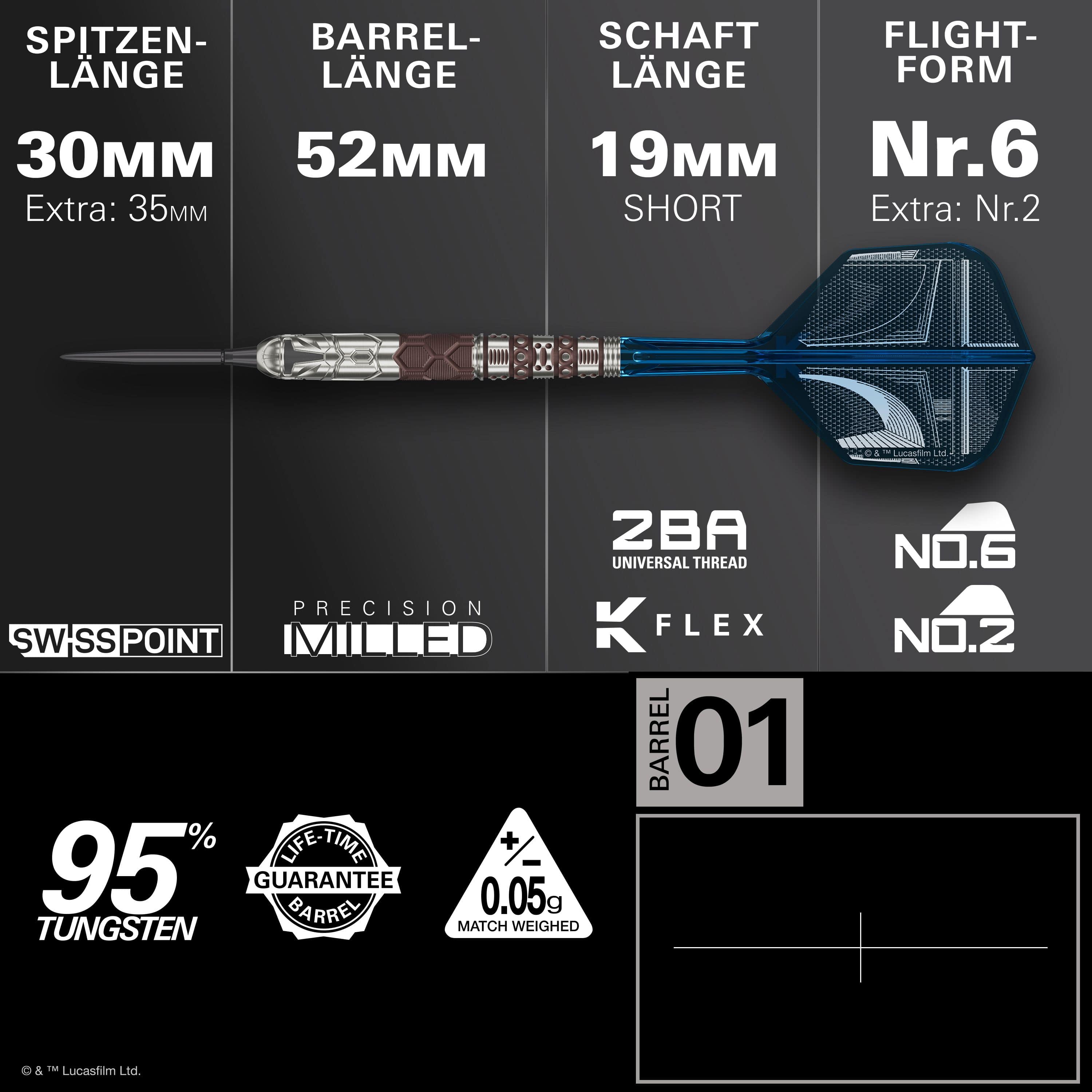 Dardi in acciaio Target Star Wars Mandalorian 95 Swiss Point Zu sehen ist das Produkt Target Star Wars Mandalorian 95 Swiss Point Steeldarts. Die Abbildung hebt das einzigartige Design dieser Dartpfeile hervor.