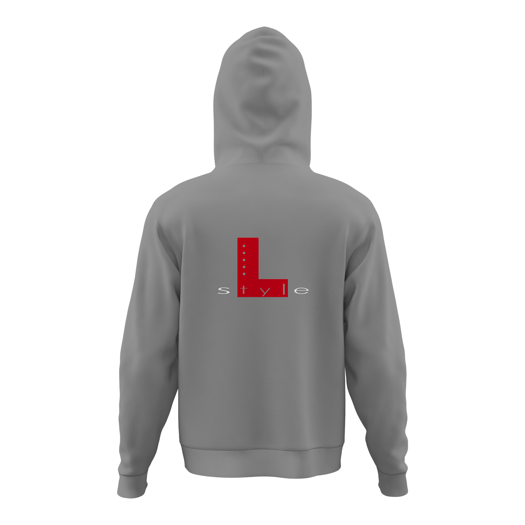 Felpa con cappuccio L-Style - Grigio Der Hoodie ist grau und hat auf der Rückseite ein großes rotes "L" mit dem Wort "style" darunter. Das Design ist schlicht und modern gehalten.