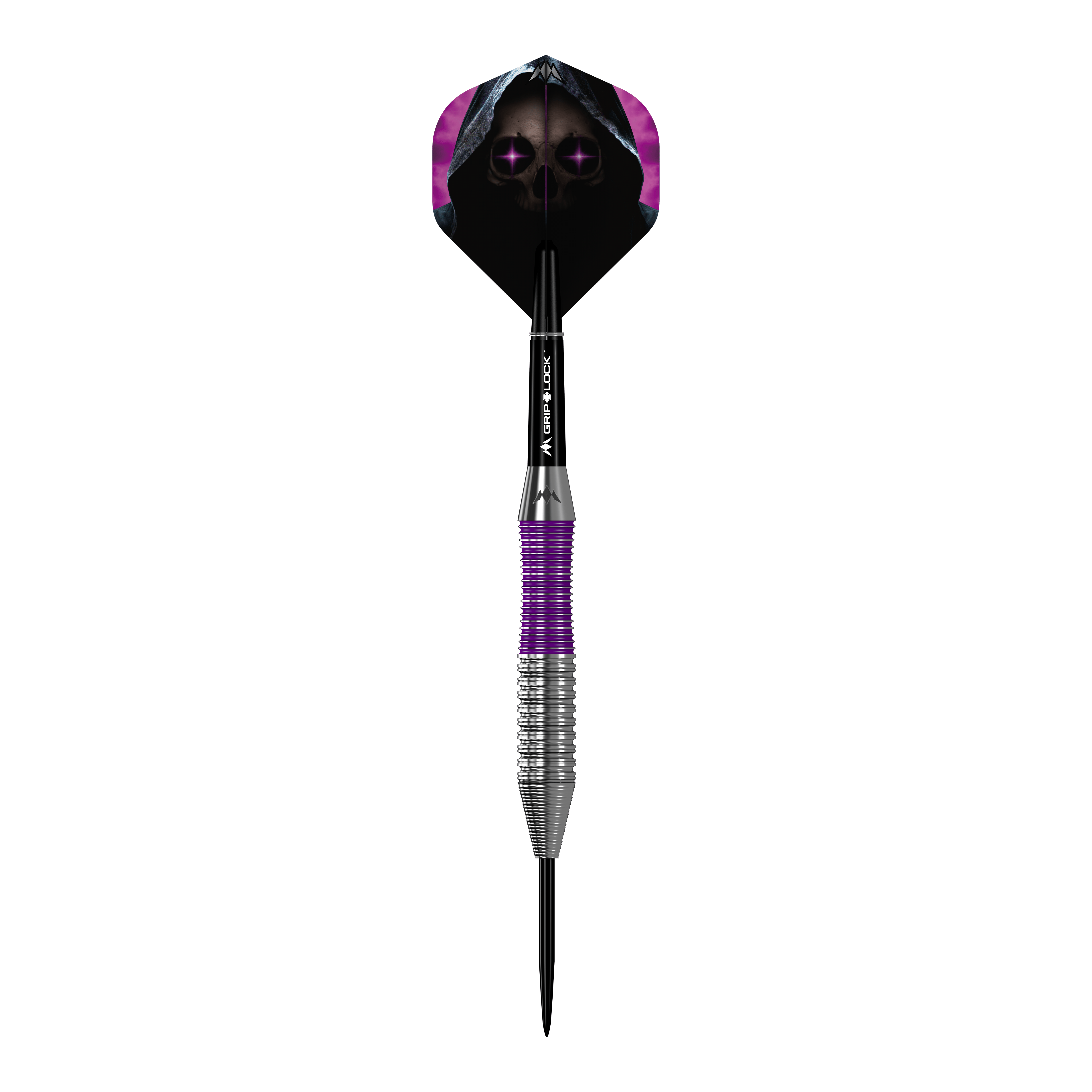 Freccette Mission Phantom in ottone e acciaio - 22 g Das Bild zeigt den Mission Phantom Brass Steeldart mit einem Gewicht von 22 Gramm. Der Dart hat ein auffälliges Design mit violetten und silbernen Elementen sowie einer Flight-Grafik eines Totenkopfs mit Kapuze.