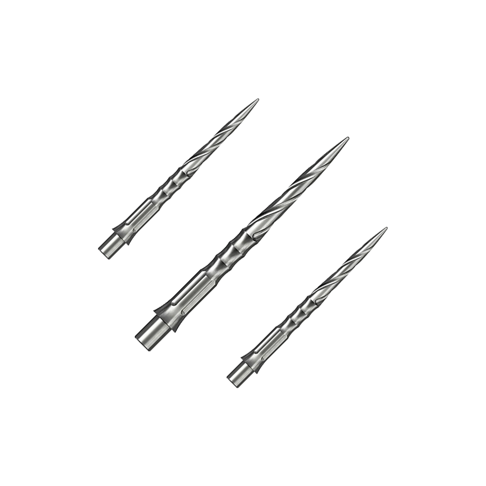 Punte per freccette in acciaio Caliburn System - Spiro - NoLip - argento Das Bild zeigt ein Set von Caliburn Evo System Steeldartspitzen in Silber, 28 mm lang und mit Spiro-Design. Mehrere Spitzen sind geordnet dargestellt.