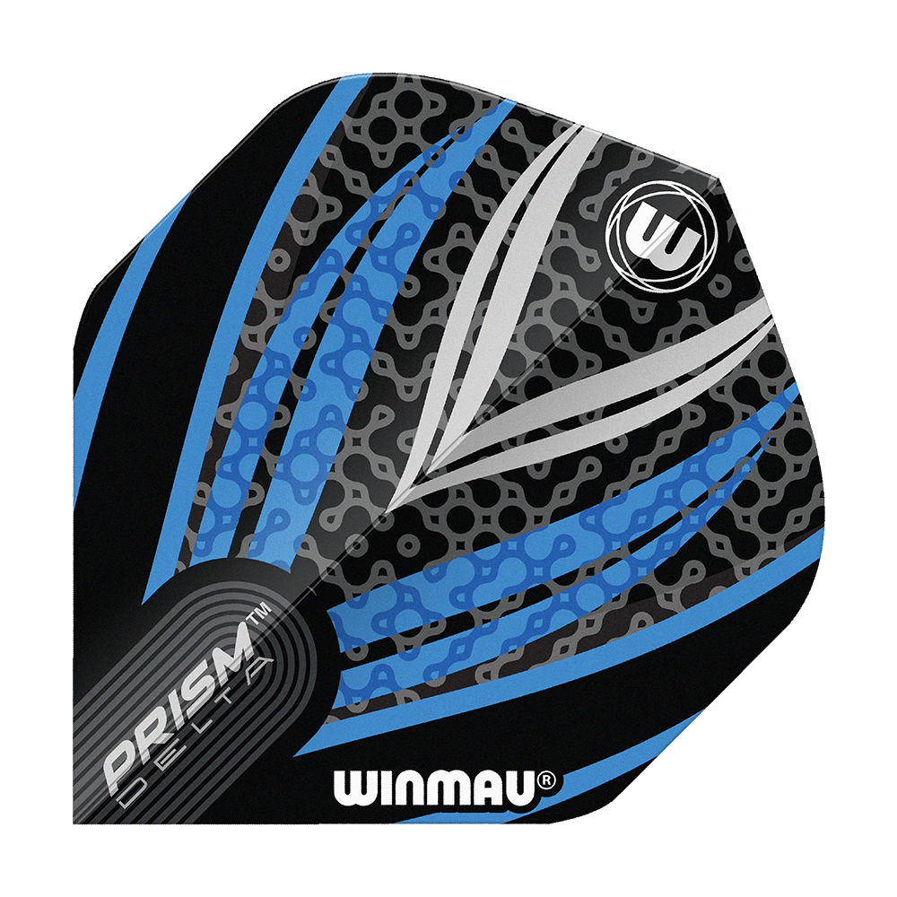 Voli standard Winmau Prism Delta Nero Bianco Blu n. 2 Das Bild zeigt ein Winmau Prism Delta Flight in den Farben Schwarz, Weiß und Blau. Das Design ist modern mit auffälligen Linien und Mustern.