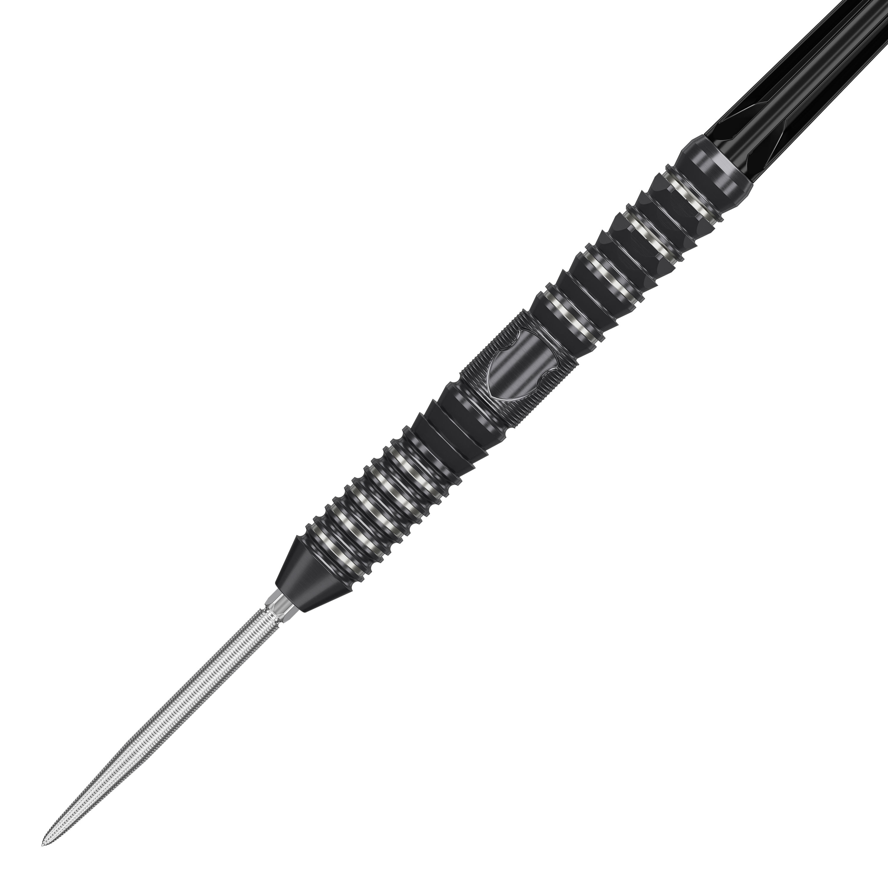 Freccette in acciaio Target Japan Black Marque Draco GEN2 Das Bild zeigt einen Target Japan Black Marque Draco GEN2 Steeldart. Der Dartpfeil ist schwarz mit silbernen Rillen und hat ein modernes, strukturiertes Design.