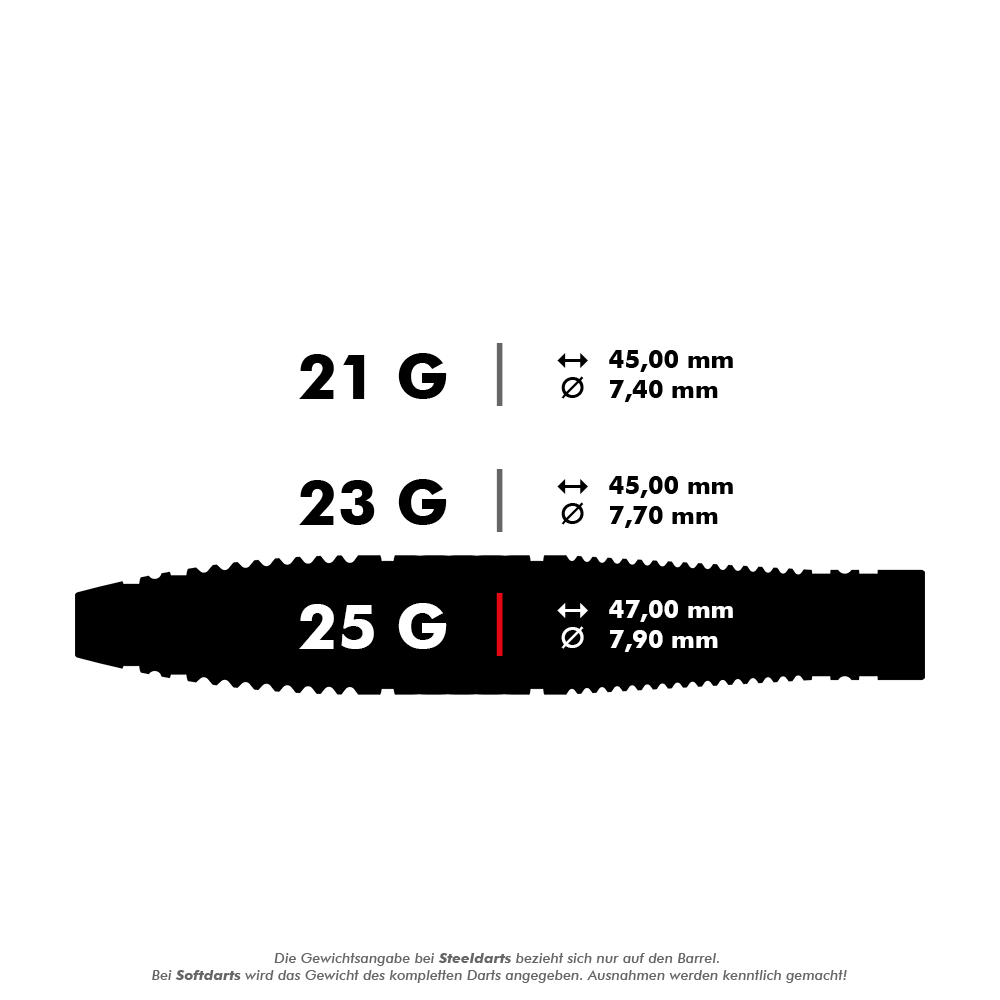 Freccette in acciaio Target Scope 03 Swiss Point Das Bild zeigt drei verschiedene Steeldarts mit den Gewichten 21 g, 23 g und 25 g. Die Maße Länge und Durchmesser sind für jedes Gewicht angegeben.