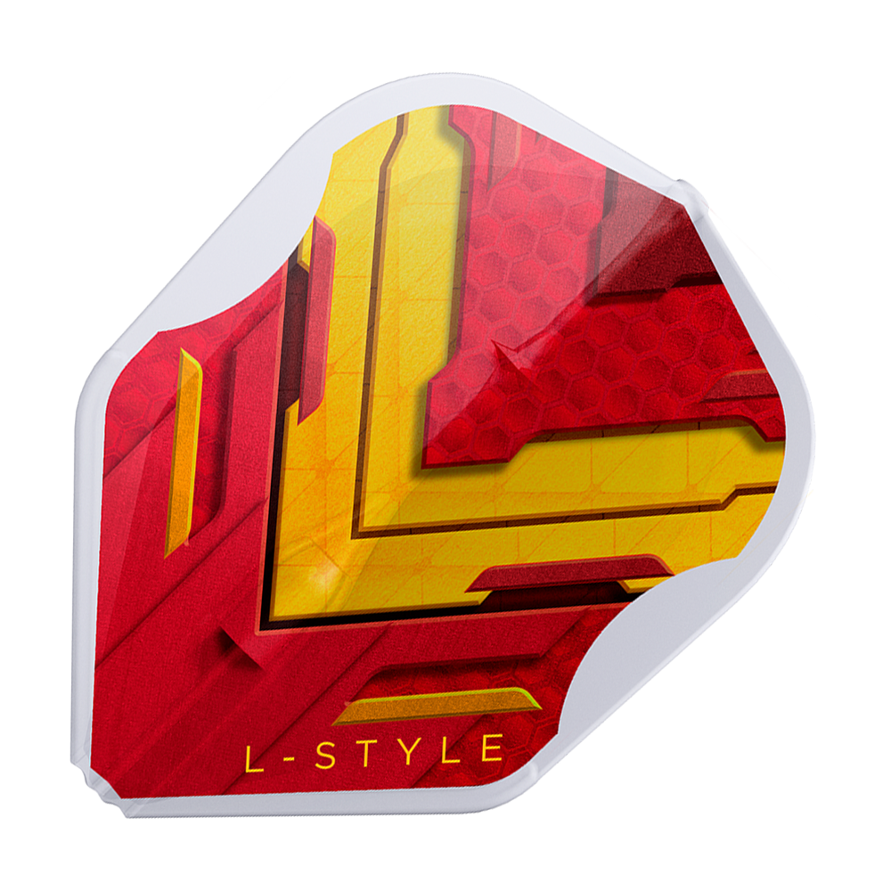 Alette L-Style V-Series V1 Tipo A Spagna Bianco Trasparente L3EZ Dies ist ein L-Style V-Series V1 Type A Spain Clear White L3EZ Flight. Das Design ist rot und gelb mit einem weißen Rand und der Aufschrift "L-STYLE".
