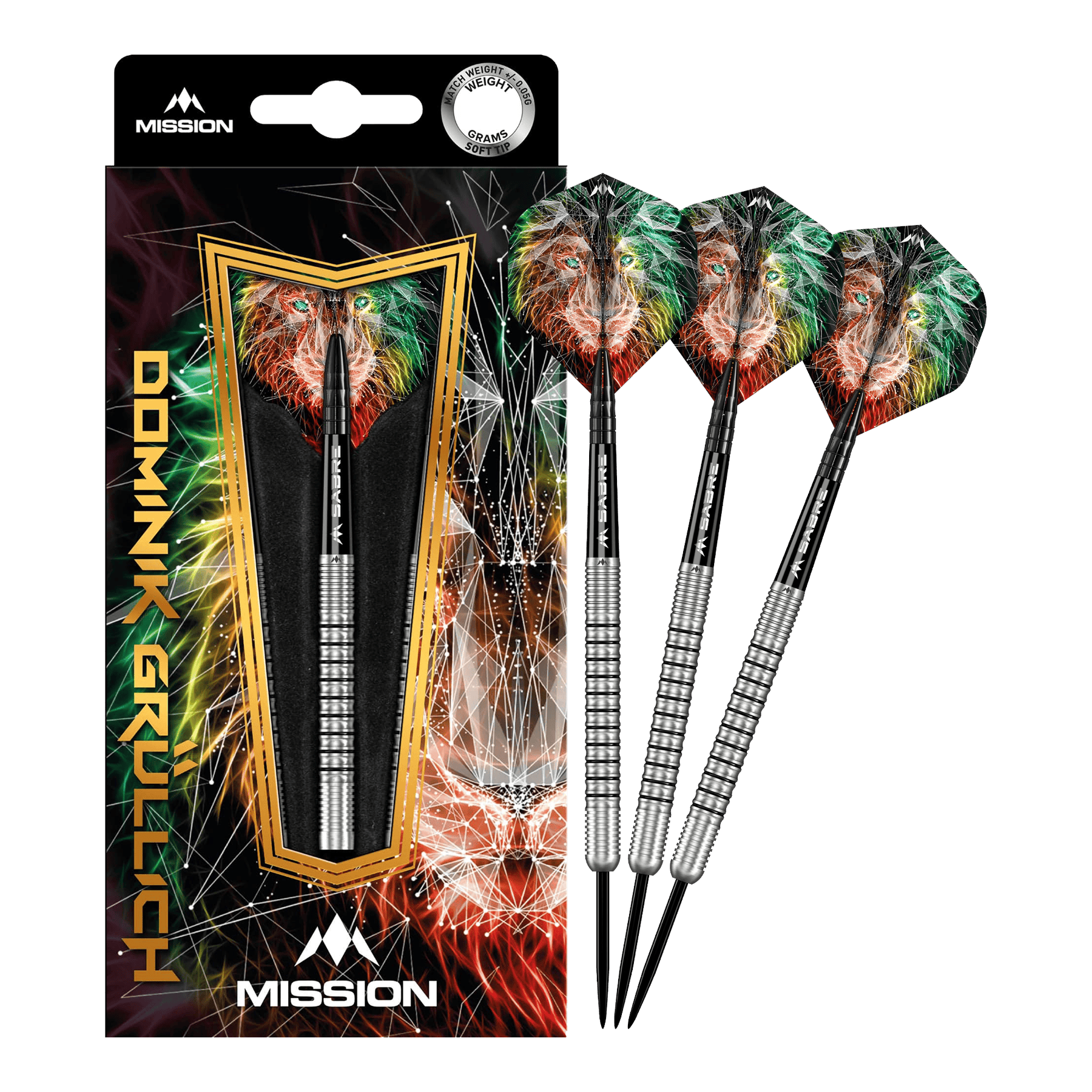 Missione Dominik Grüllich Steeldarts Das Bild zeigt das Produkt „Mission Dominik Grüllich Steeldarts - 23,5g“ mit einer farbenfrohen Verpackung und drei silbernen Darts. Die Flights der Darts sind mit einem bunten Löwenmotiv verziert.