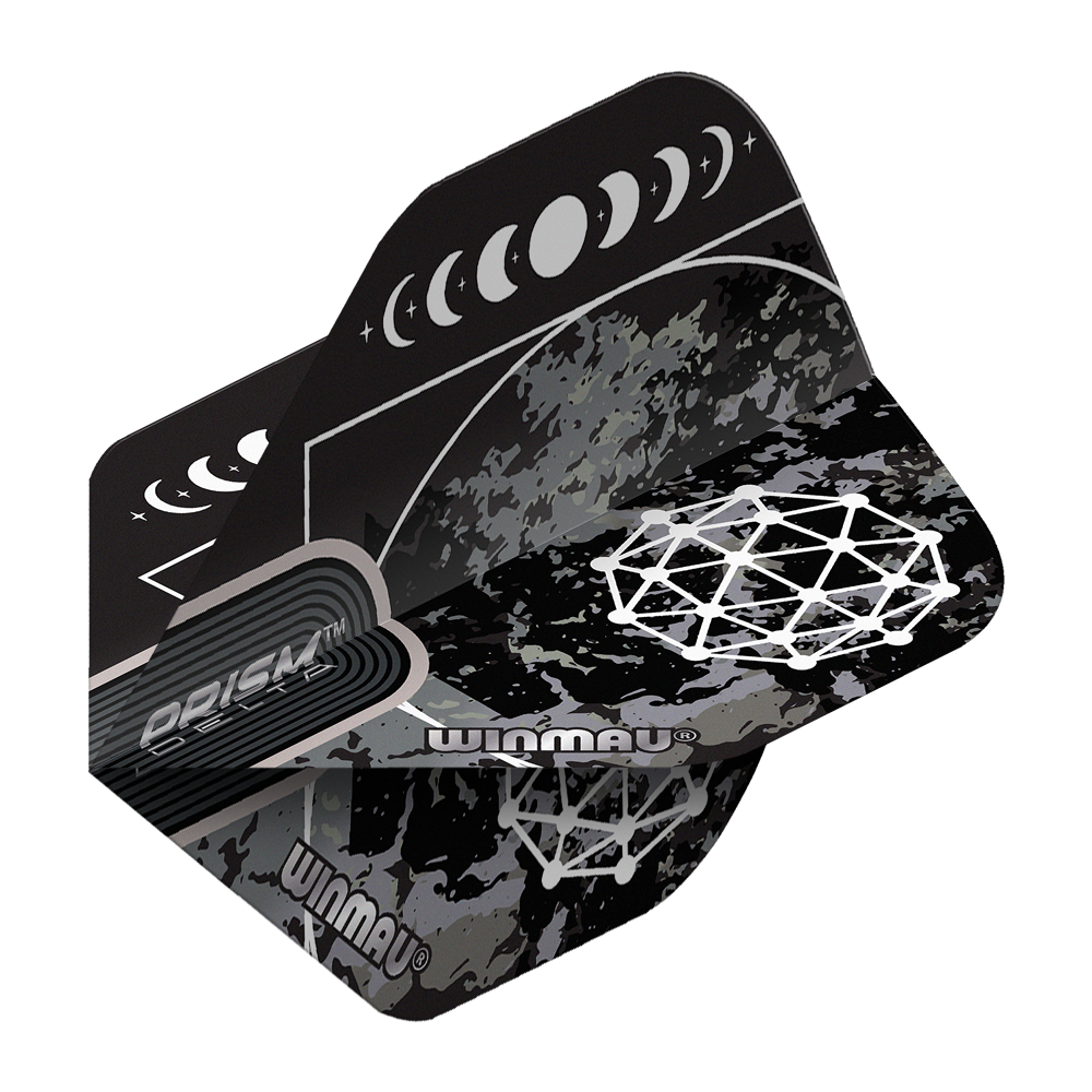 Voli standard Winmau Prism Delta Callisto No2 Das Bild zeigt die Winmau Prism Delta Callisto No2 Standard Flights. Die Flights sind schwarz-grau gemustert und mit weißen grafischen Mondphasen und geometrischen Mustern verziert.