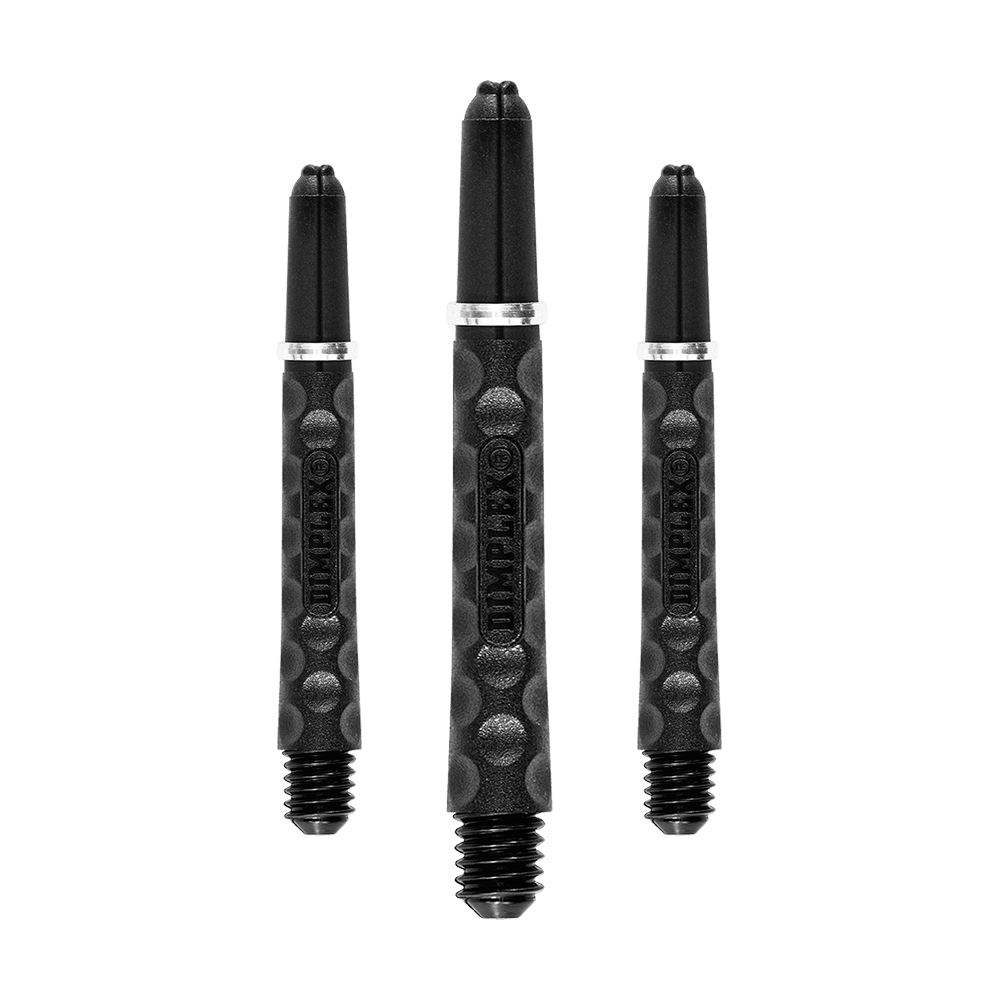 Harrows Dimplex Shafts - Schwarz Das Bild zeigt drei schwarze Dartschäfte mit einer genoppten Oberfläche. Sie sind in unterschiedlichen Längen angeordnet und haben einen Metallring am oberen Ende.