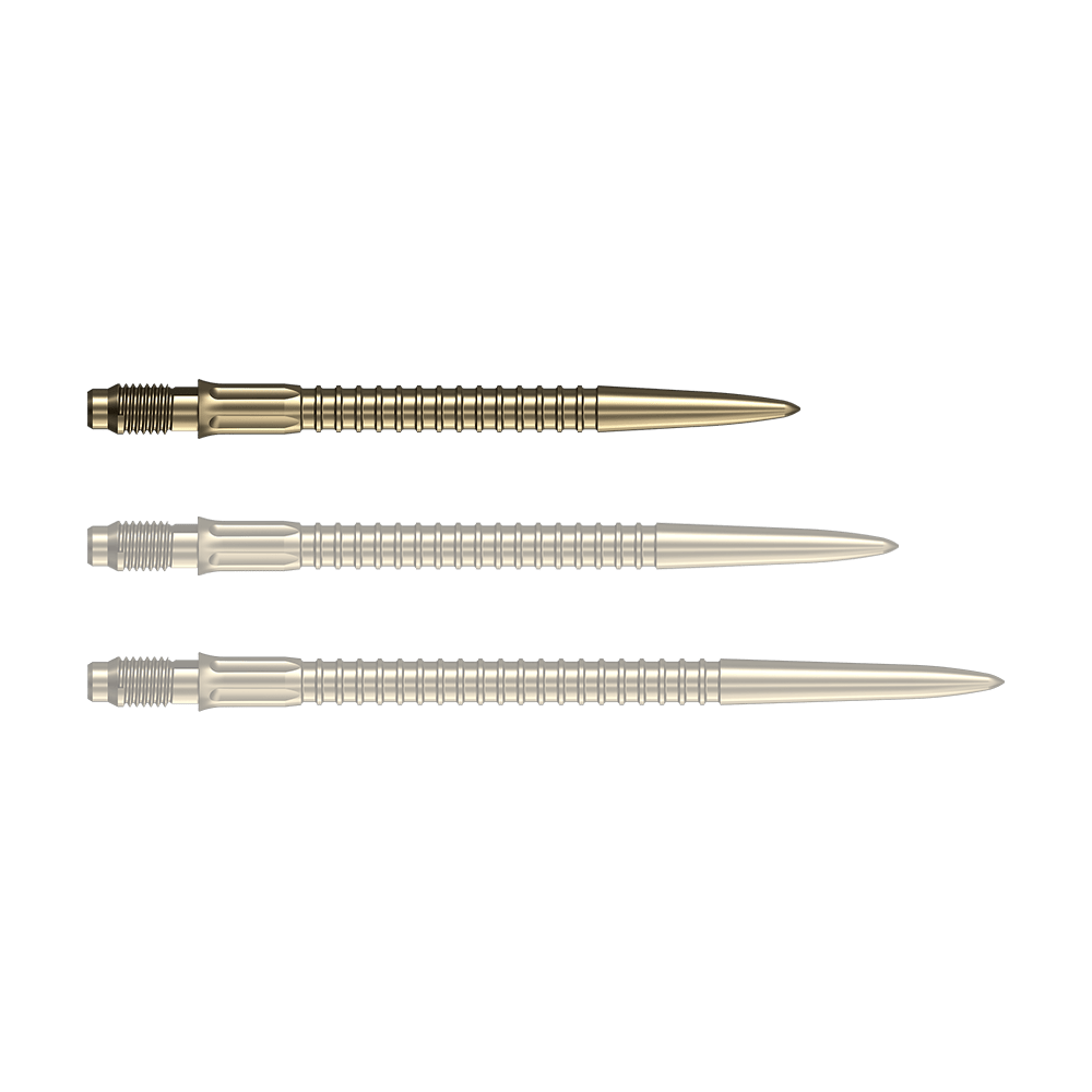 Punte per freccette Mission R2.5 Rapid Point GV1 - Oro Goldene Dartspitzen liegen nebeneinander auf einer weißen Fläche. Diese Spitzen eignen sich für das Dartspiel.