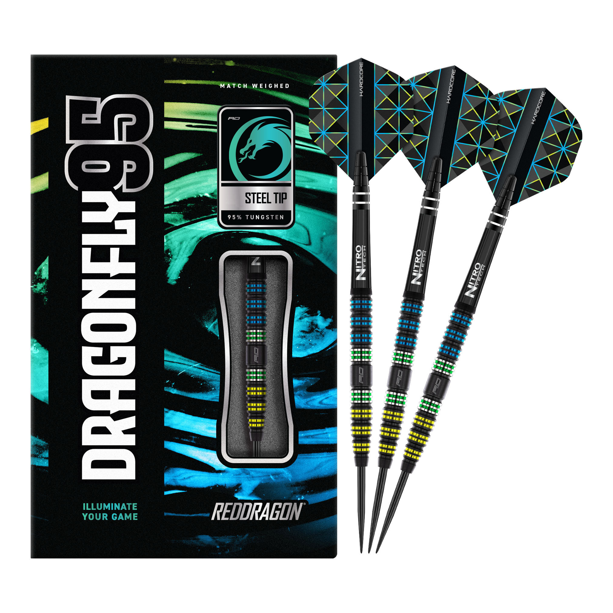 Red Dragon Dragonfly 95 freccette in acciaio coniche nere Die Abbildung zeigt das Produkt "Red Dragon Dragonfly 95 Black Tapered Steeldarts" mit moderner, bunter Verpackung. Drei schwarze Steeldarts mit farbigen Akzenten und speziellen Flights sind daneben zu sehen.